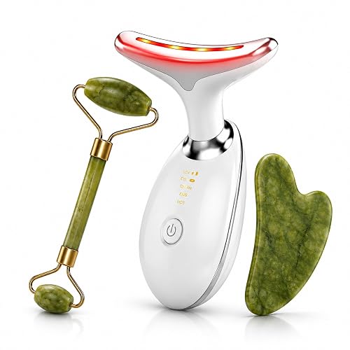 Kit Massageador Facial LED 7 Cores EMS Aquecimento Vibração + Rolo Jade Gua Sha Natural - Anti Rugas Lifting Redução Papada