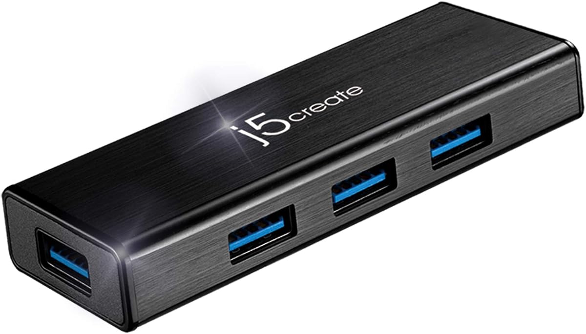 j5create 4-Port Powered USB 3.0 Data Hub with 2 ft Extended Cable | 15W Power Adapter Included, for Mac, MacBook, Windows, Laptop, Surface, XPS, PC (JUH340)