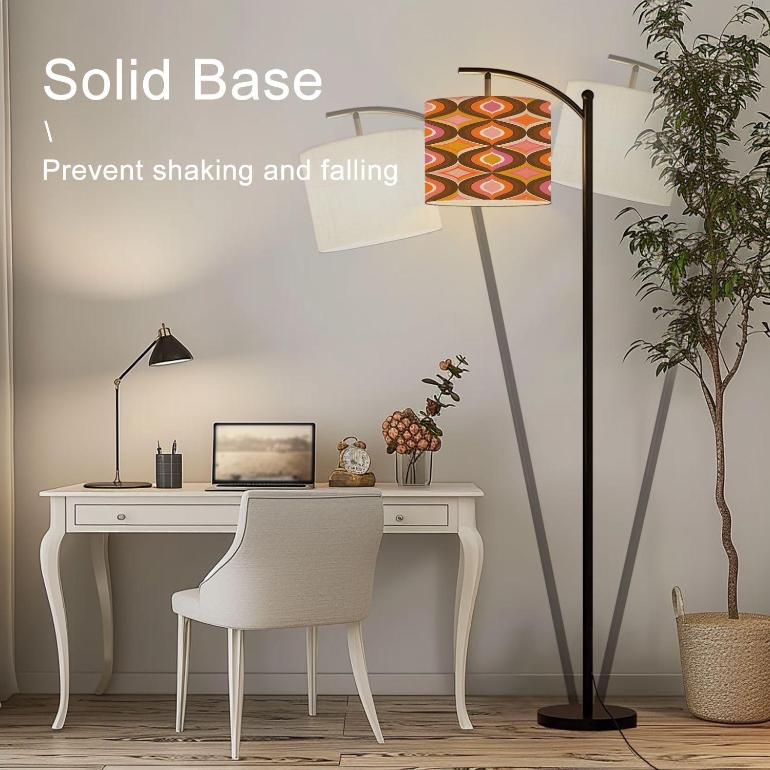 Arc Floor Lamp 70s Retro Seamless Pattern Orange Brown Pink Beige 60s 70s Retro style Tall Standing Lamp Modern Dimmable with Remote Adjustable Drum Shade Footswitch for Living Room Bedroom Office