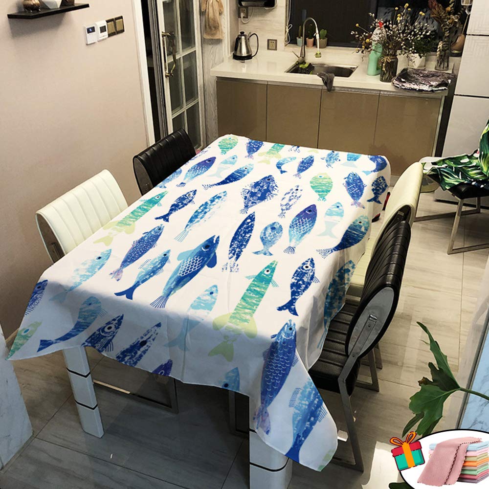 Morbuy A Waterproof Table Cloths Rectangle, Stain Resistant Square Tablecloth Wipe Clean 3D Blue & Purple Fish Print Table Cover For Home Kitchen Dining Garden Kids Party Decorative (,140X140cm)