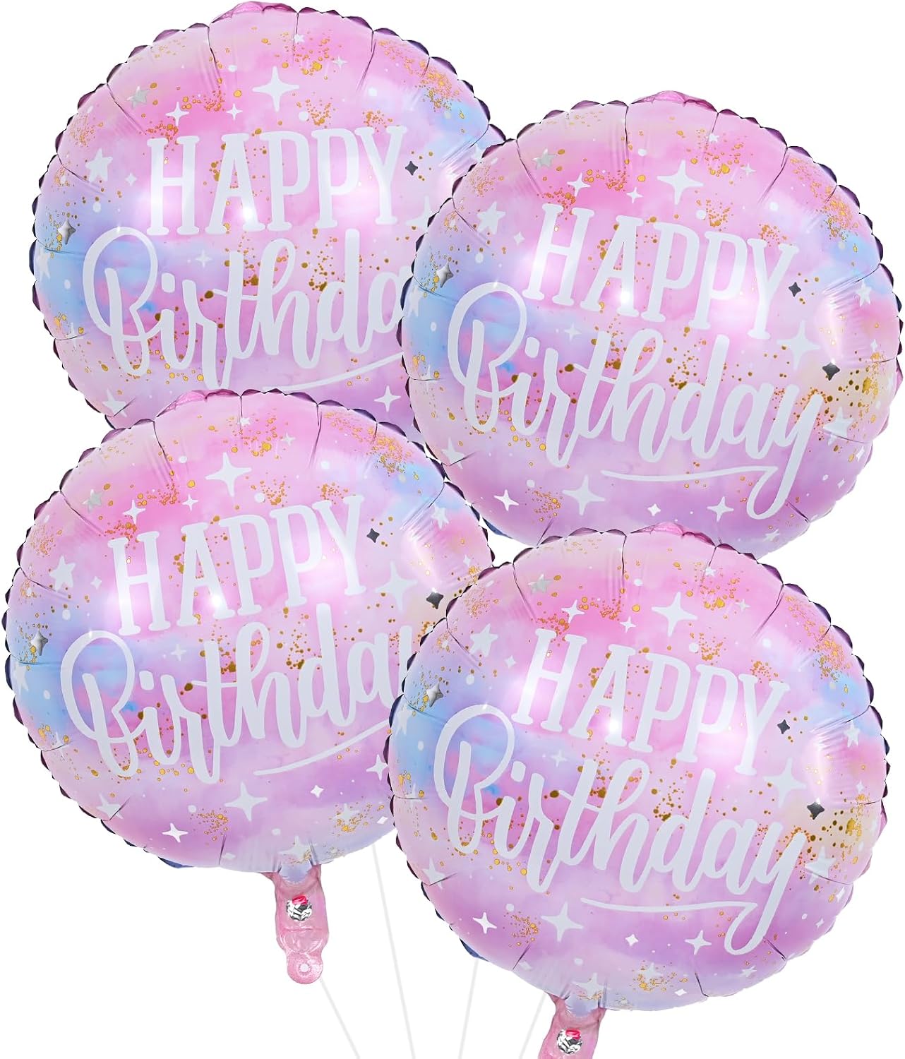 18 Inch Happy Birthday Foil Balloons, 4Pcs Pastel Pink Purple Blue Cloud Helium Mylar Round Birthday Balloons with Stars for Teen Girl Women Outer Space Starry Galaxy Baby Shower Party Decorations