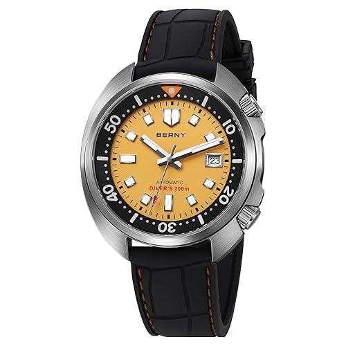 BERNY Automatic Watch for Men 200M Waterproof Dive Watch Men's Analog Mechanical Wristwatch with Super Luminous AR Coating Sapphire Crystal, Date Calender Fluororubber Band Fashion Birthday Present