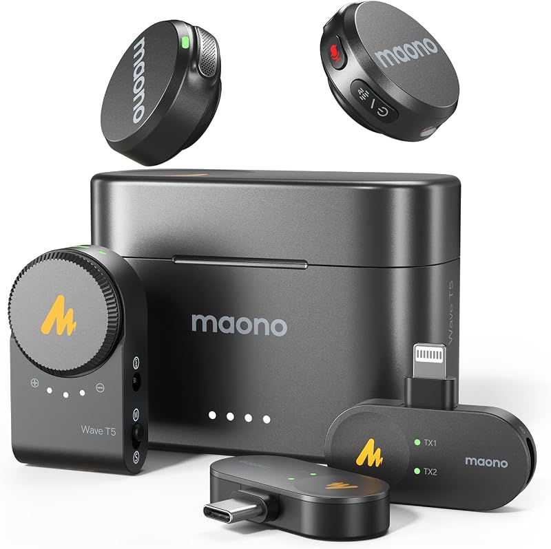 Micrófono Lavalier inalámbrico MAONO Wave T5 para iPhone/Android/cámara/PC | Mini micrófono con Clip magnético con cancelación de ruido AI, 4 EQ preestablecidos, 1000 pies, 40H para Podcast Stream Vlog Youtube Tiktok Video Record