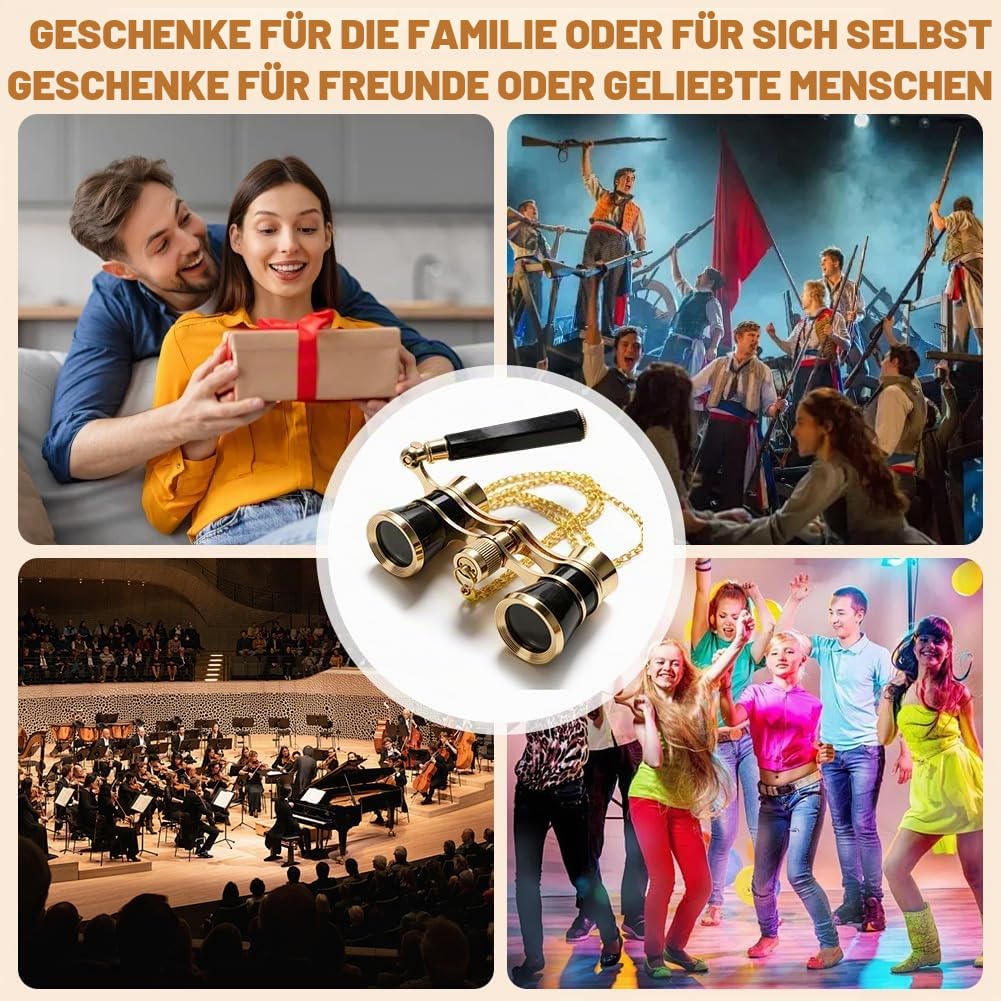 Opernglas 3x25, Faltbares Theaterglas mit Griff und Verstellbarer Kette, Metallkörper, Optiklinse, Tragbares Theater-Fernglas für Konzerte, Opern und Theateraufführungen (Schwarz)