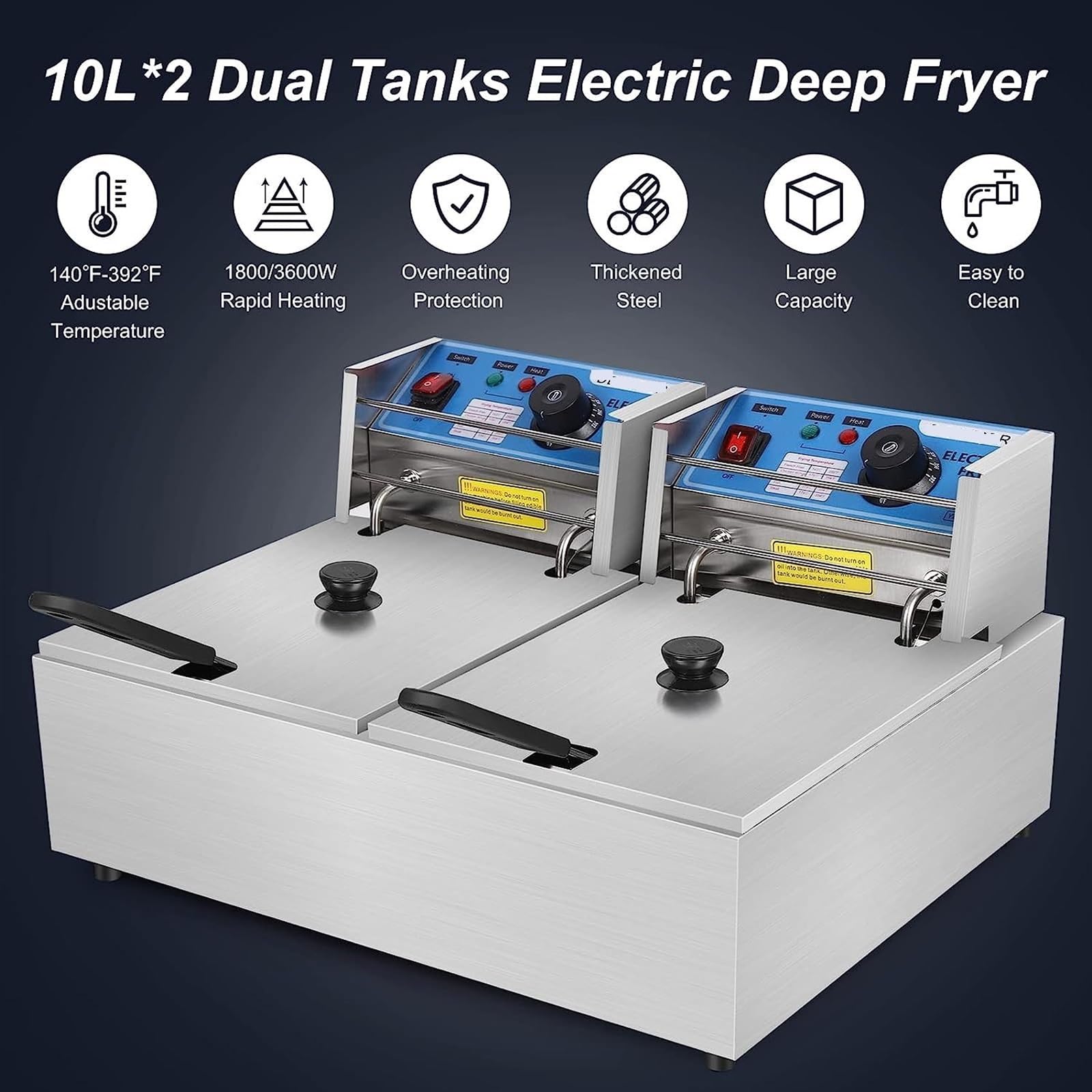 Frytkownice, Frytownica 3600 W Komercyjny olej elektryczny Separator żużla o dużej powierzchni 2 * 10 l Pojemność Stal nierdzewna Podwójna 140-392 ℉ Regulowana