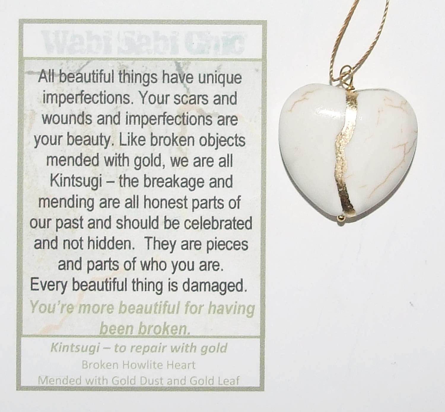 Kintsugi White Howlite Very Large Smooth Heart Mended with 23k Gold, Cord Necklace