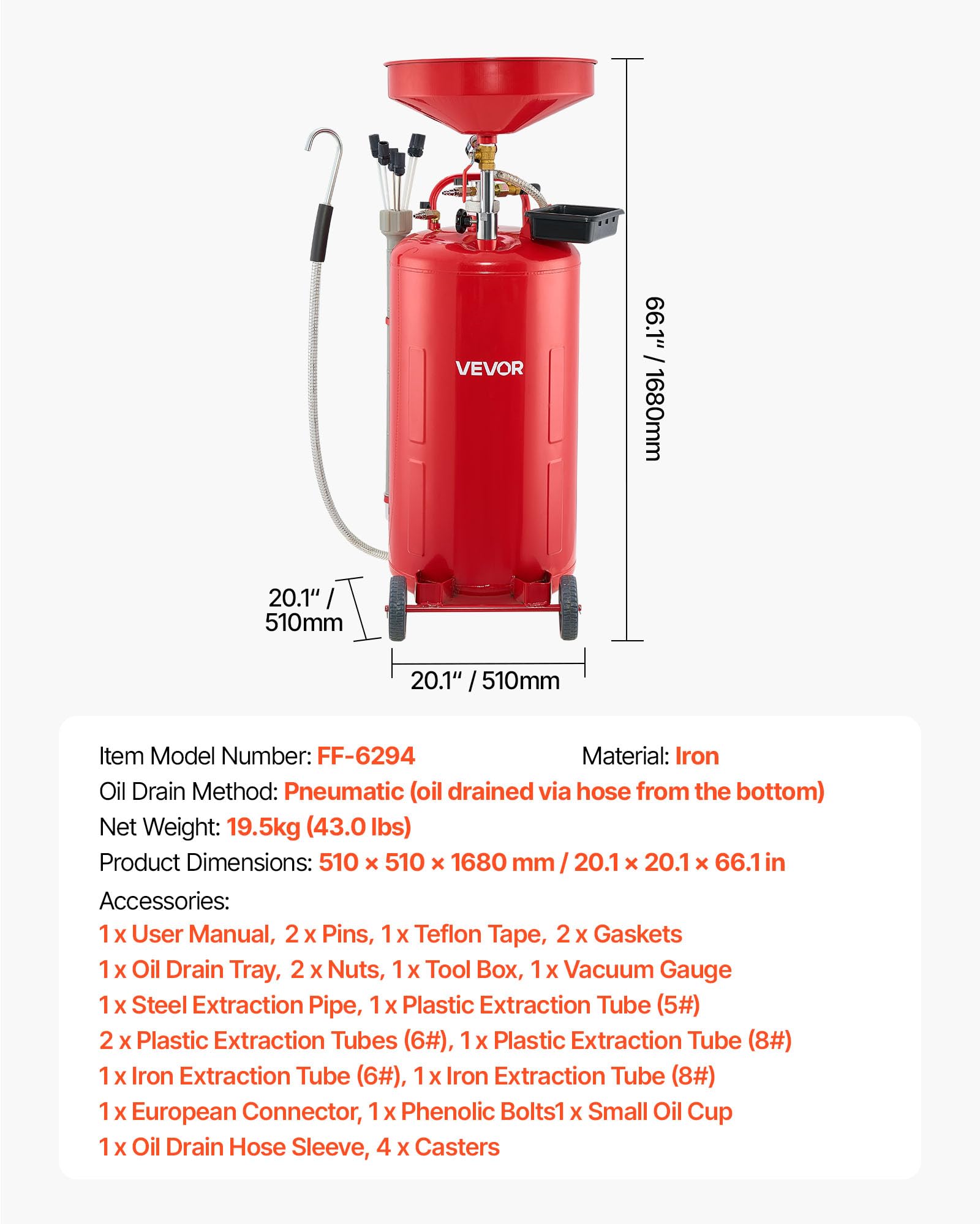 VEVOR Tanque de Drenaje de Aceite Usado, Drenaje de Aceite Portátil Neumático de 79,5 L con Embudo Ajustable y Ruedas, Drenaje de Combustible Líquido para Taller de Reparación de Automóviles, Rojo