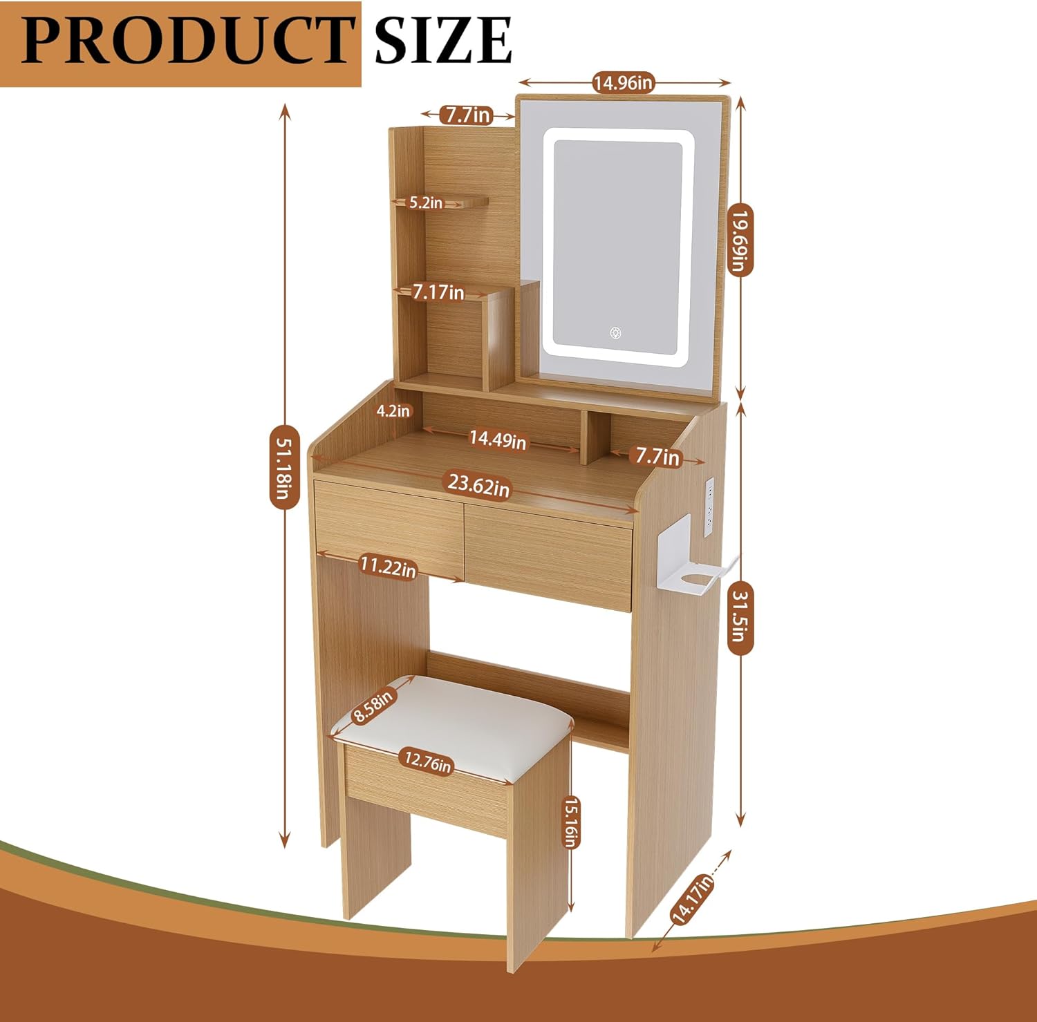 Leavader Modern Small Vanity Desk with Lighted Mirror and Stool, Mini Vanity Table with 2 Drawers & Open Shelves, Power Outlet with USB Ports, Hair Dryer Holder, Space-Saving Dressing Table