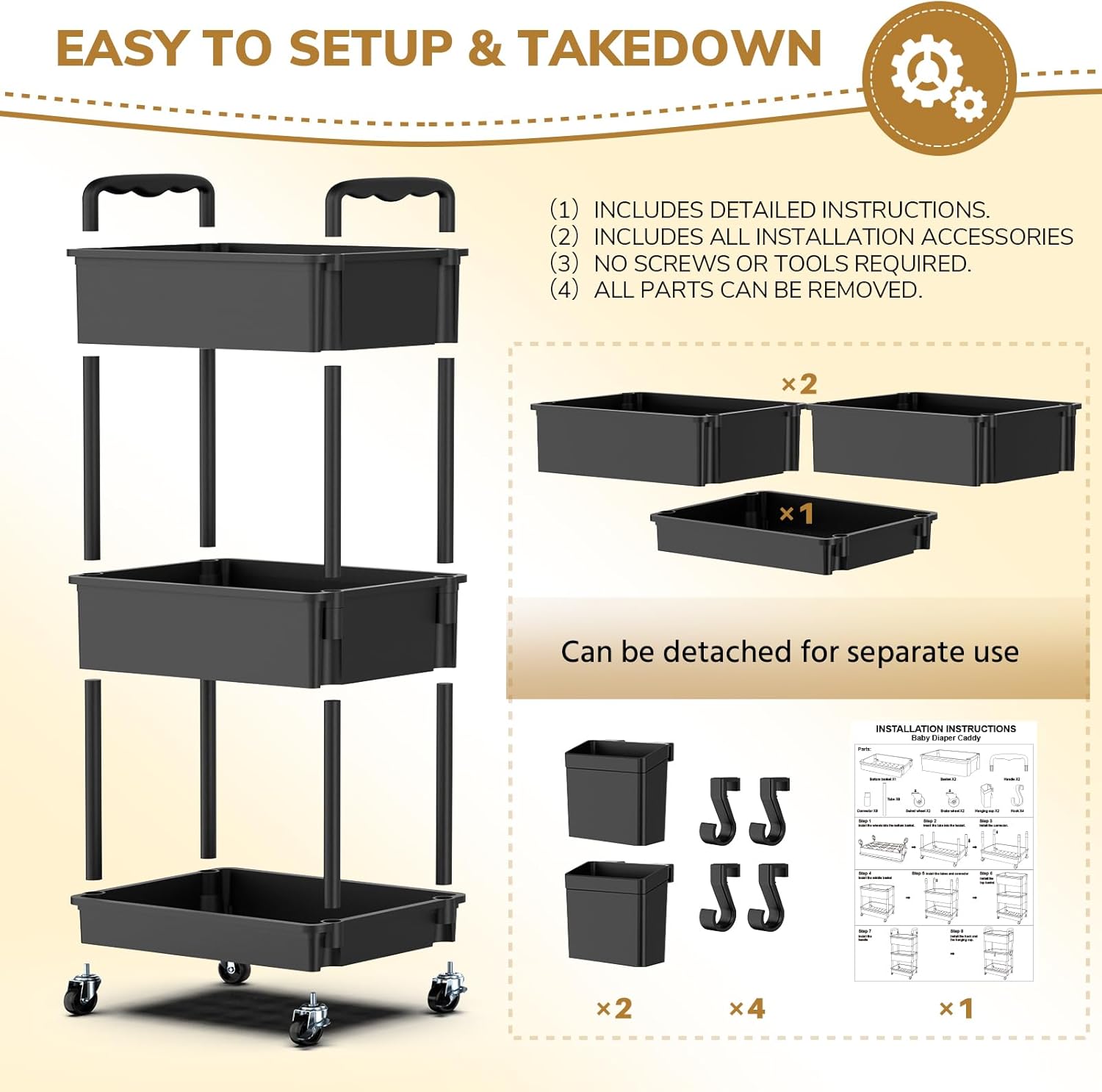 Goovilla Diaper Cart with Lockable Wheels and Easy Assembly, 3 Tier Black Rolling Cart for Baby Nursery Storage, Sturdy Ample Diaper Caddy Organizer for Baby Girl, Boy, New Mom, Newborn Essentials