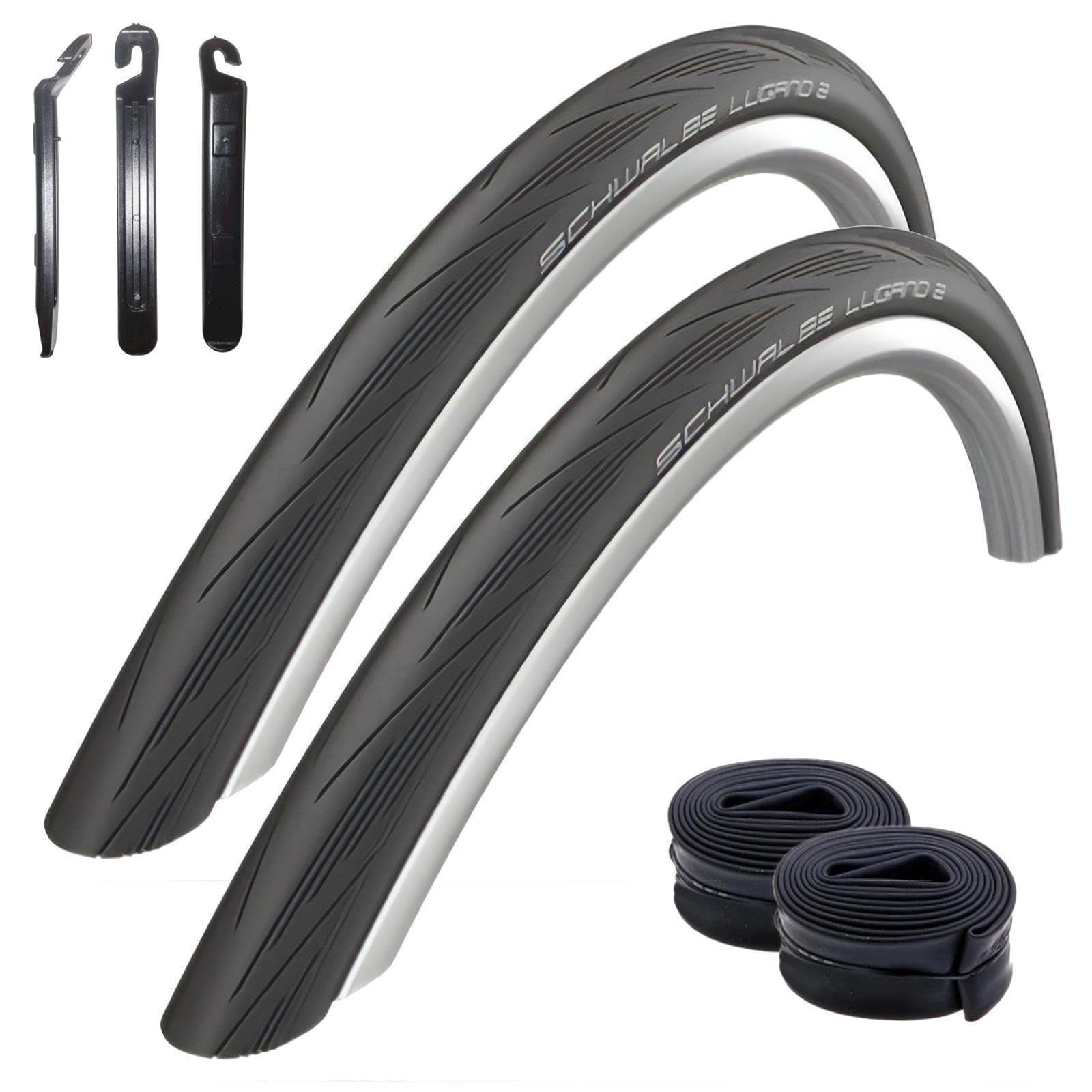 2 x Schwalbe Lugano 2 "28" Rennradreifen Reifen Schwarz 700 x 23C (23-622) + 2 Schwalbe Schläuche SV15 lang (60 mm) inkl. 3 Reifenheber