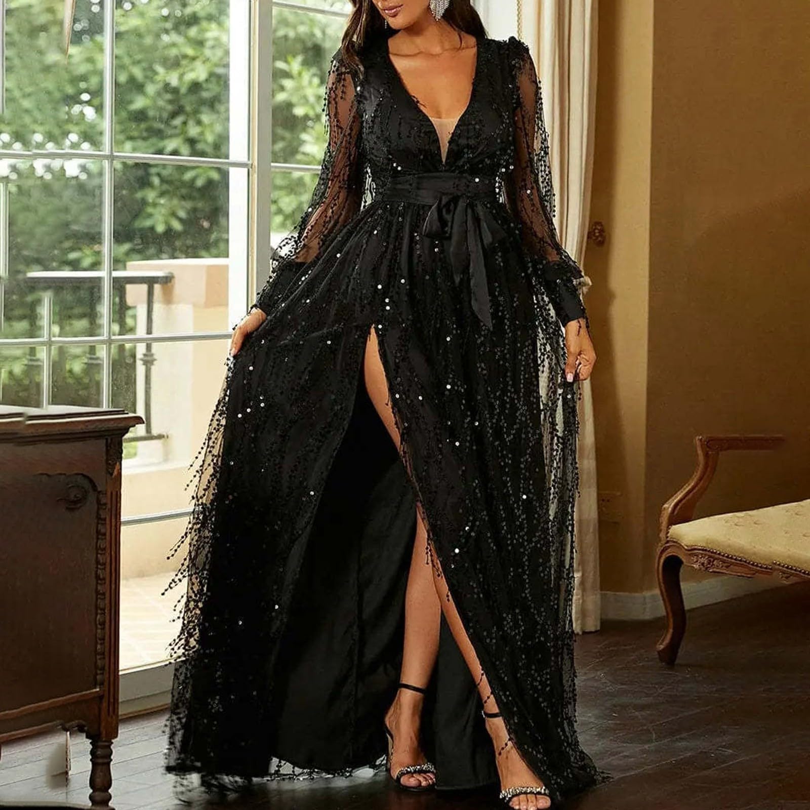 Chnnamzu Ballkleid Lang Damen Damen Kleid mit Glitzer Abendkleid Glitzer Lang Cocktailkleid Pailletten Glitzer Kleid Damen Sexy Abendkleid für Damen