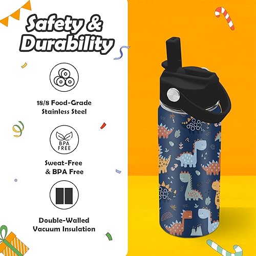 Miniatura 4 de Botella de agua de dinosaurio  Botella de agua de acero inoxidable de 16 onzas con popote  Lindo vaso aislado de dinosaurios para niños, vaso de