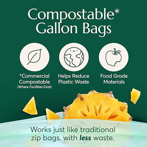 Miniatura 2 de Cleanomic Bolsas compostables de almacenamiento de alimentos de tamaño galón (25 Eco Zip) a prueba de congeladores y fugas, también disponibles
