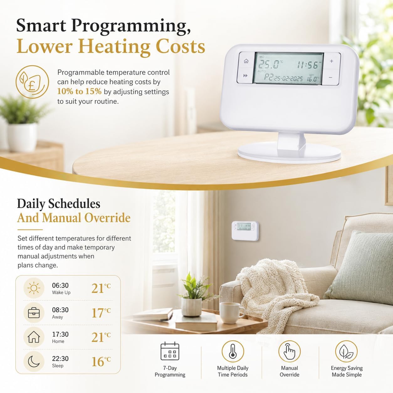 Termostato programable inalámbrico, controlador de temperatura ambiente con programación del sistema de calefacción