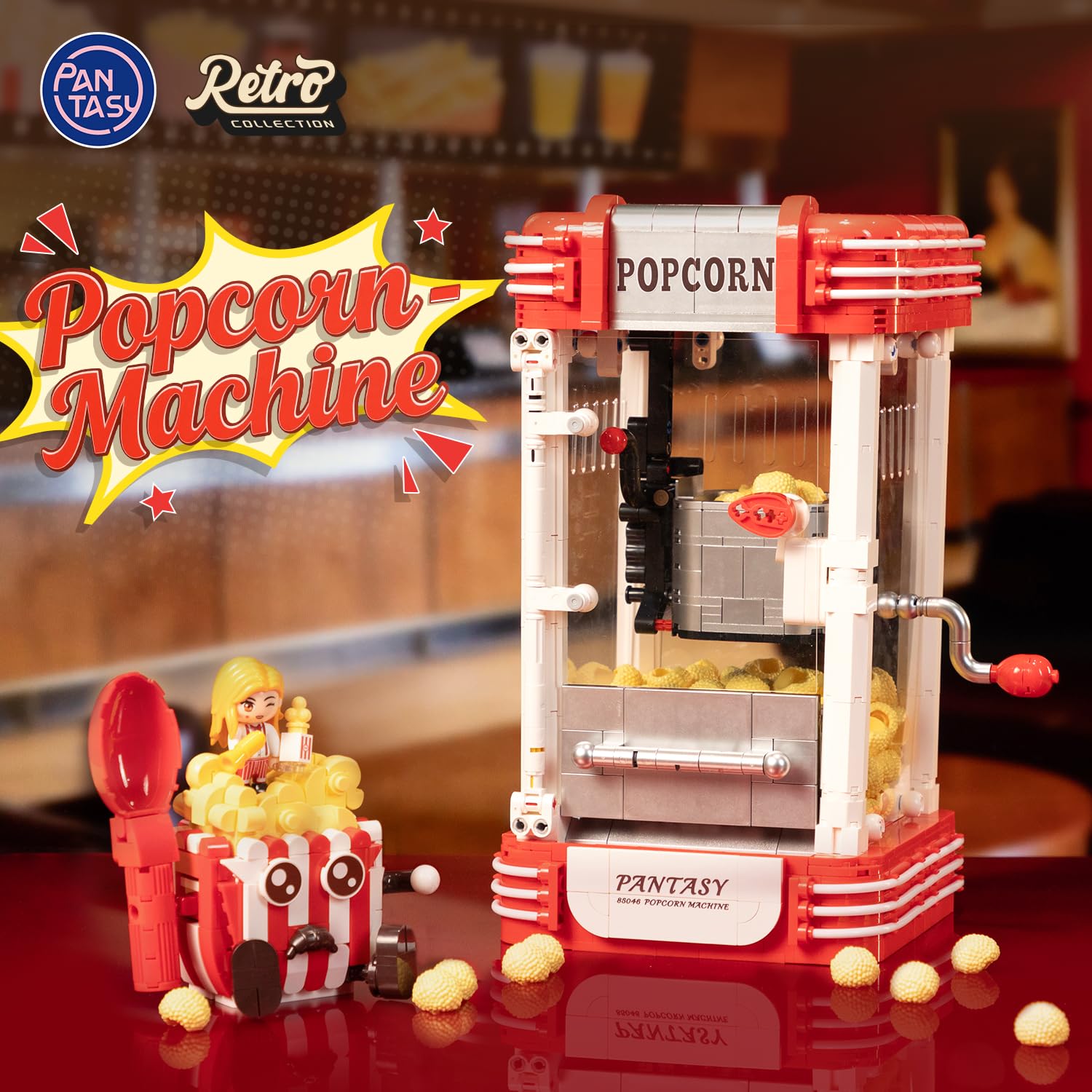 PANTASY Retro Popcornmaschine Klemmbausteine Set | Interaktives Kinomodell mit Drehkurbel, Figur und Popcorn-Elementen, nostalgische Display-Deko für Film- und Retro-Fans