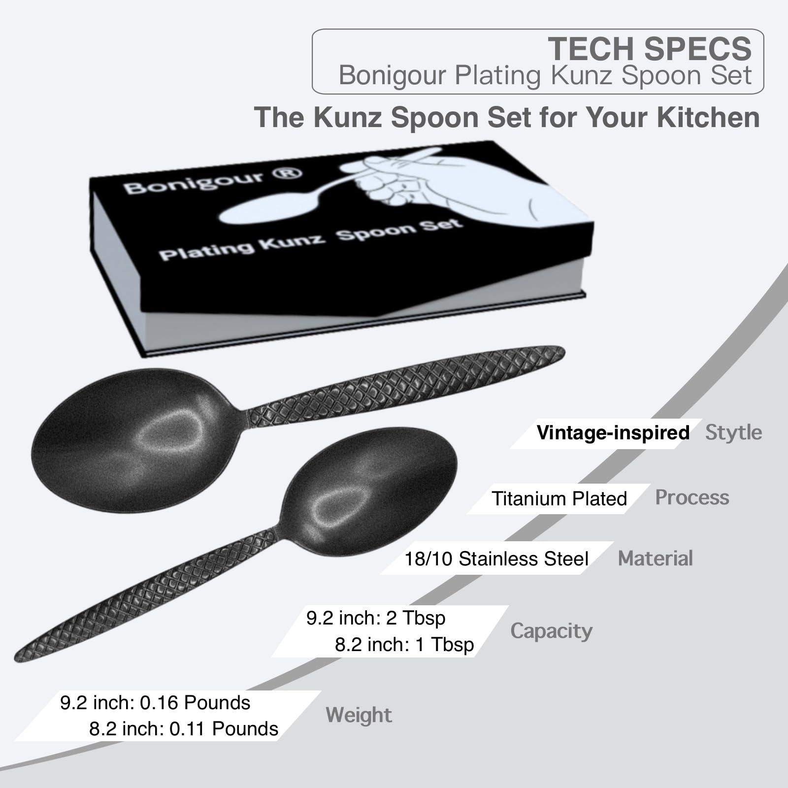 Kunz Stytle Spoons - Juego de cucharas de chef profesionales para untar, chapar, quenelle, servir, salsas, juego de cucharas de inspiración vintage de 8 y 9 pulgadas, herramientas de chapado