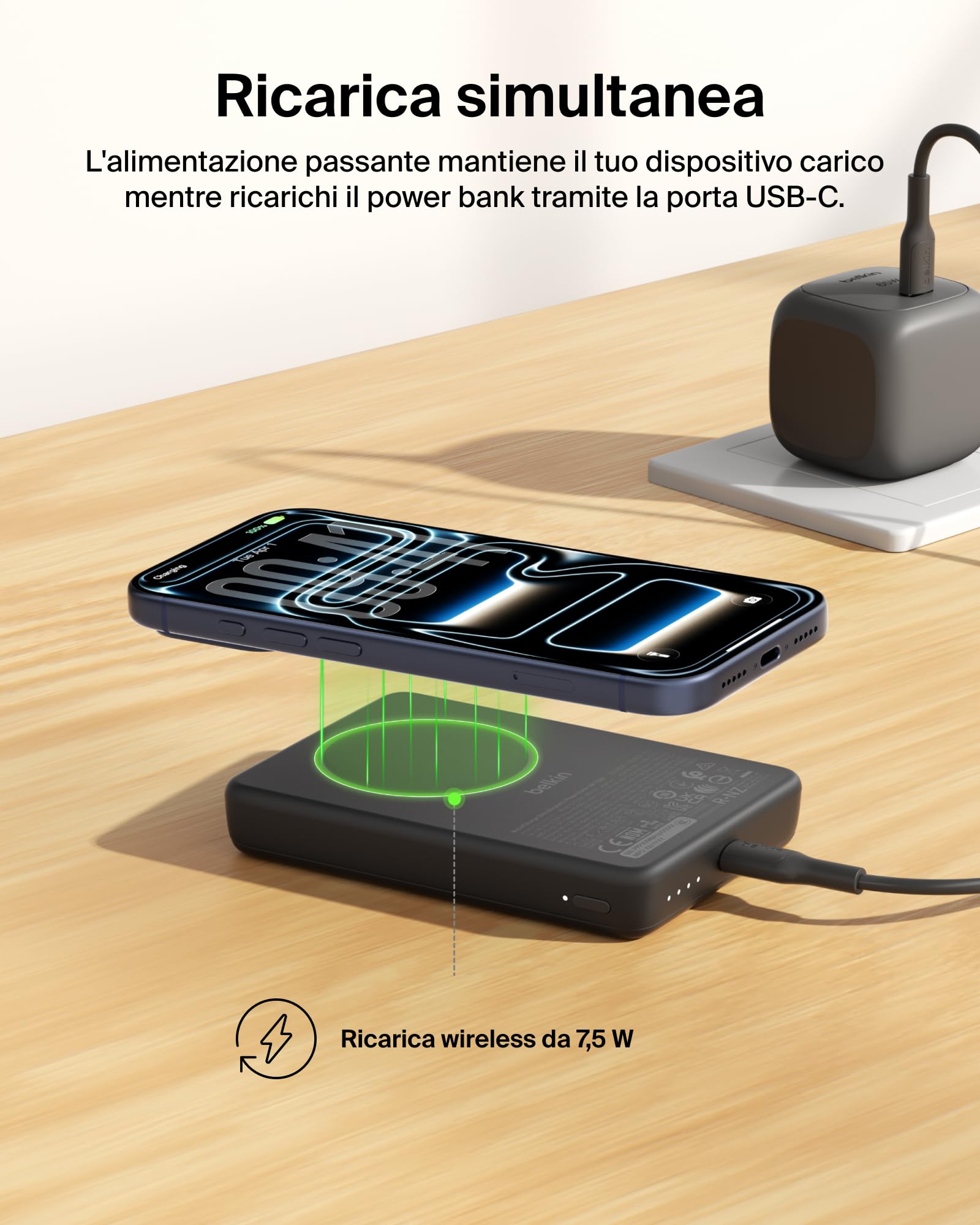 Belkin BoostCharge Power Bank Magnetico 10000mAh, Anello Magnetico - Nero | Caricatore Portatile 10000mAh Wireless, Anello Magnetico per Aggancio ad Accessori, 2 USB-C, Pre-Caricato, Cavo Incluso