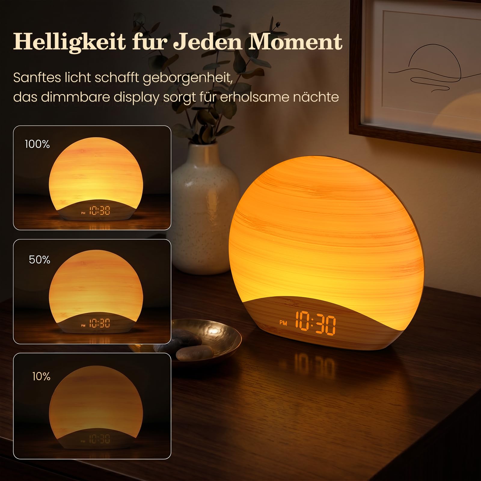REACHER Lichtwecker Sonnenaufgang, Dimmbare Uhr, 26 Beruhigender Klängen, Nachttischlampe Holz für Schlafzimmer