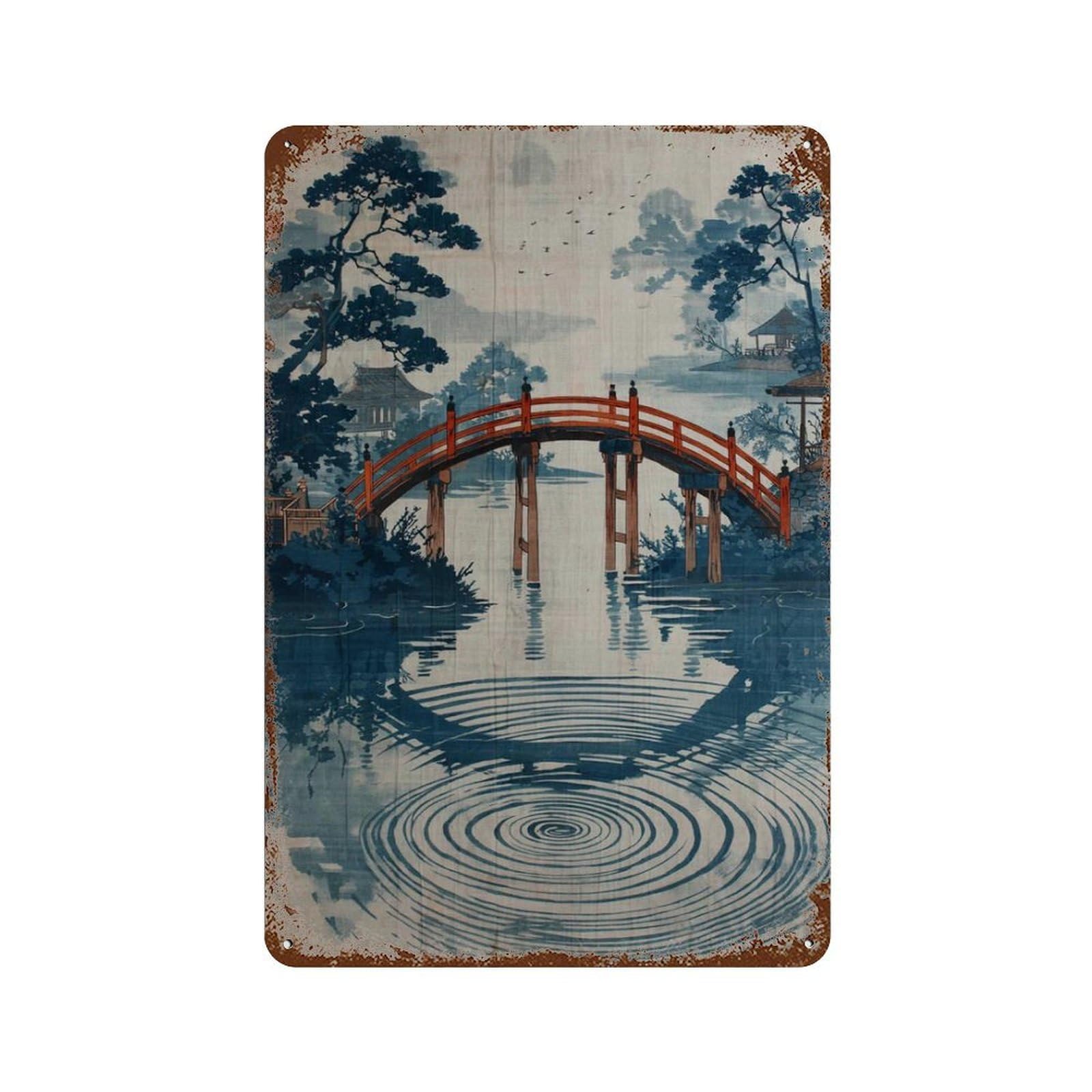 xiaoxiaoshen Japanese Bridge Red Sun Blue Landscape Traditional Japan Wall Decor Art Metal Tin Poster Modern Home Decor Art Home Bar Shop Decorations Vintage Sign 30x20cm