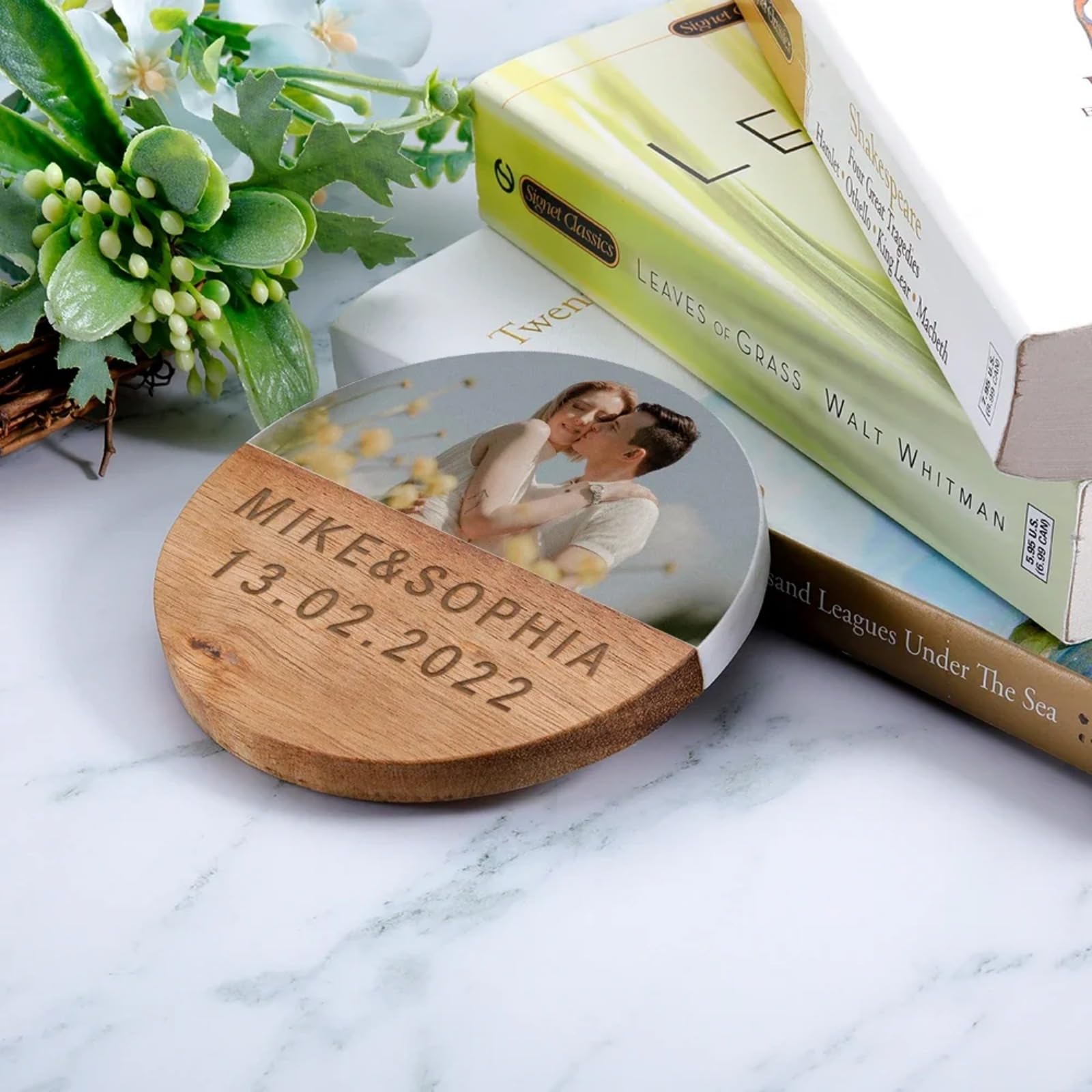 Posavasos de madera de mármol con foto personalizada, fecha y nombre, regalos para bodas, regalos de San Valentín, recuerdo de amor para tazas, té, café, bebidas, decoración de mesa (8 piezas)