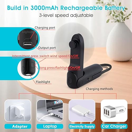 Miniatura 3 de Mini ventilador de mano recargable con batería 2000mAh 6in1 forma de bala Ventilador personal portátil 3 velocidades con linterna (negro)