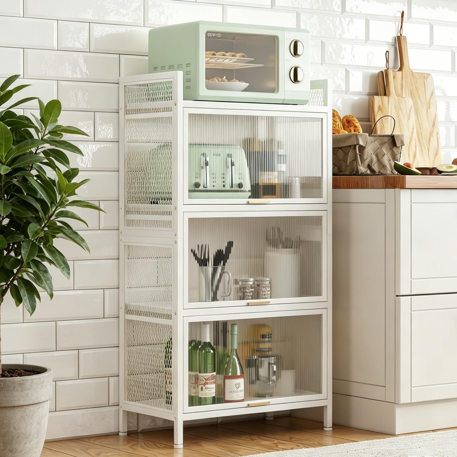 LEADZM 4-stufiges Küchenschrank, Buffetschrank, Küchenregale Stehend, Mikrowellenschrank mit halbtransparenter PC-Tür, Bäckerregal, Standregal, Lagerregal für Küche Wohnzimmer (Weiß, 4)