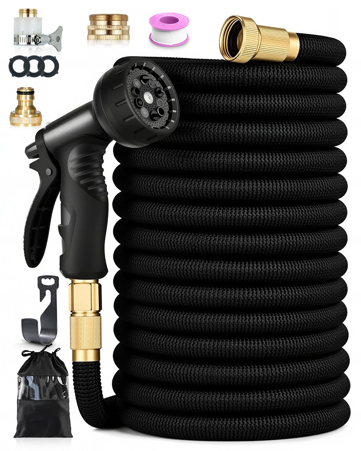Tubo Flessibile Giardino 30m Nero, Canna Acqua Estensibile Professionale per Grandi Superfici, Tubo Magico Allungabile Anti-Piegatura, Connettori Rapidi