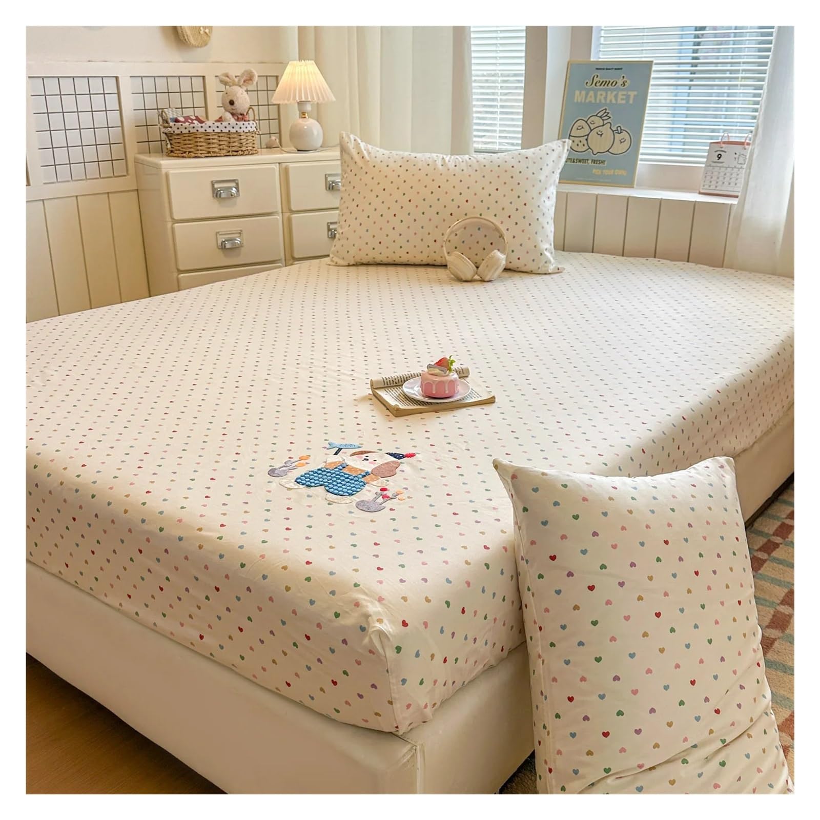 Printed Bed Sheets Baumwoll-Spannbettlaken mit Herzmuster, Bedruckt Gummizug, Einzel-/Doppelbett-/Queensize-Größe, weiches Cartoon-Design(Color 3,150x200x30cm 1pc)
