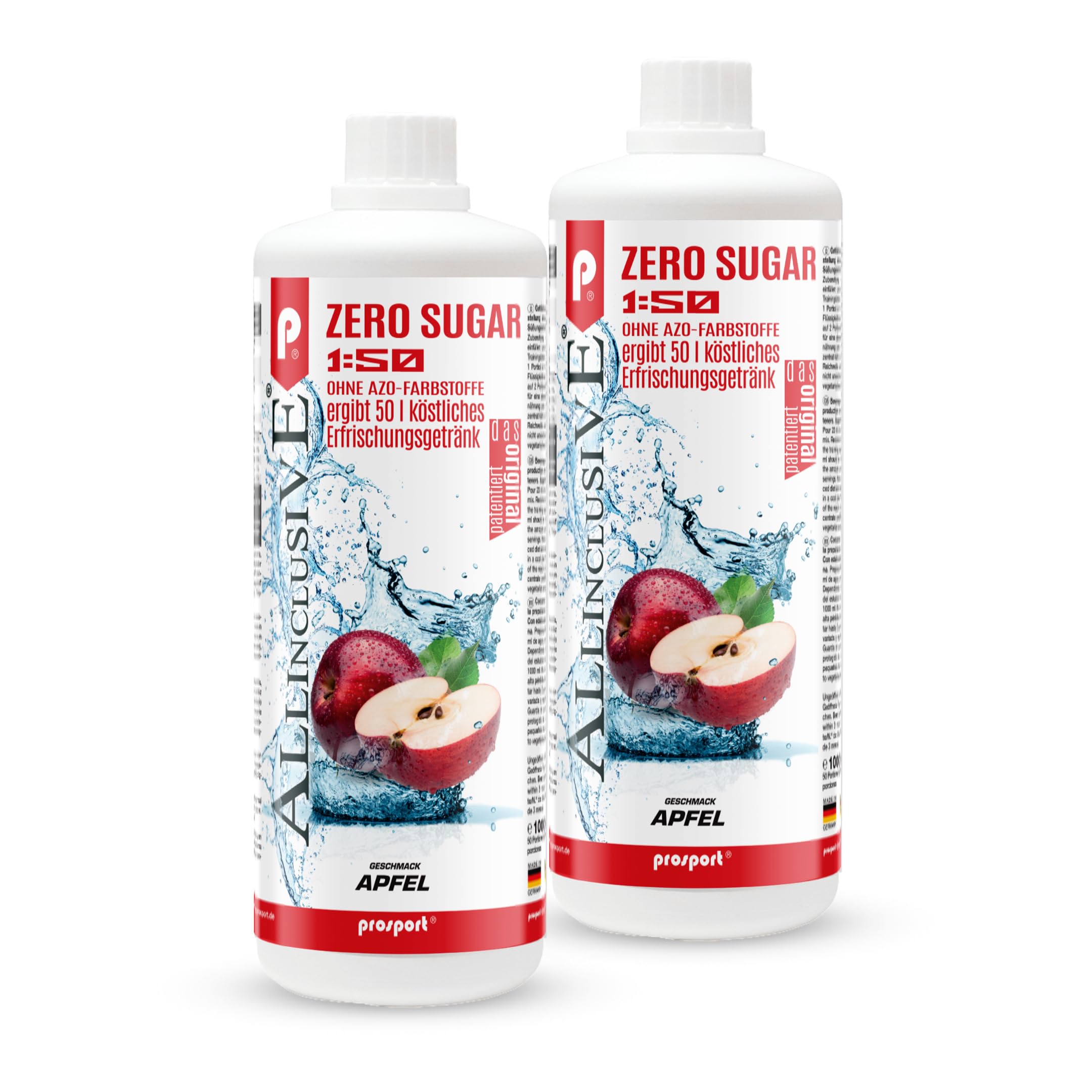 Prosport Allinclusive® Apfel 2x1000ml – ZERO SUGAR Sirup mit Vitaminen – Premium Getränkekonzentrat 1:50 – Ohne Zucker, Aspartam & Azofarbstoffe – Perfekt für Wassersprudler