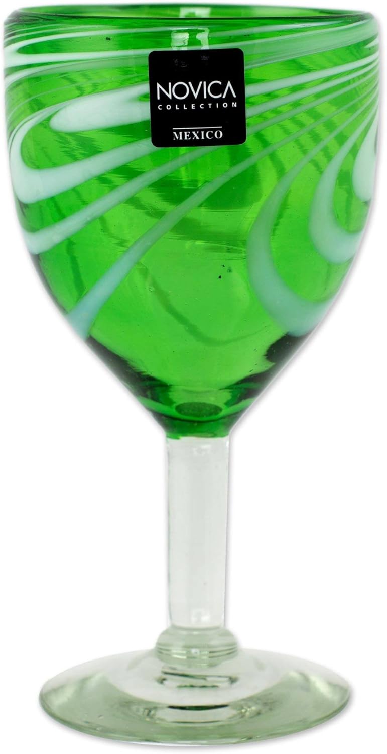 NOVICA Hand Blown Green Glass Wine Glasses, 10 Oz. 'Whirling Emerald' (Set of 6)