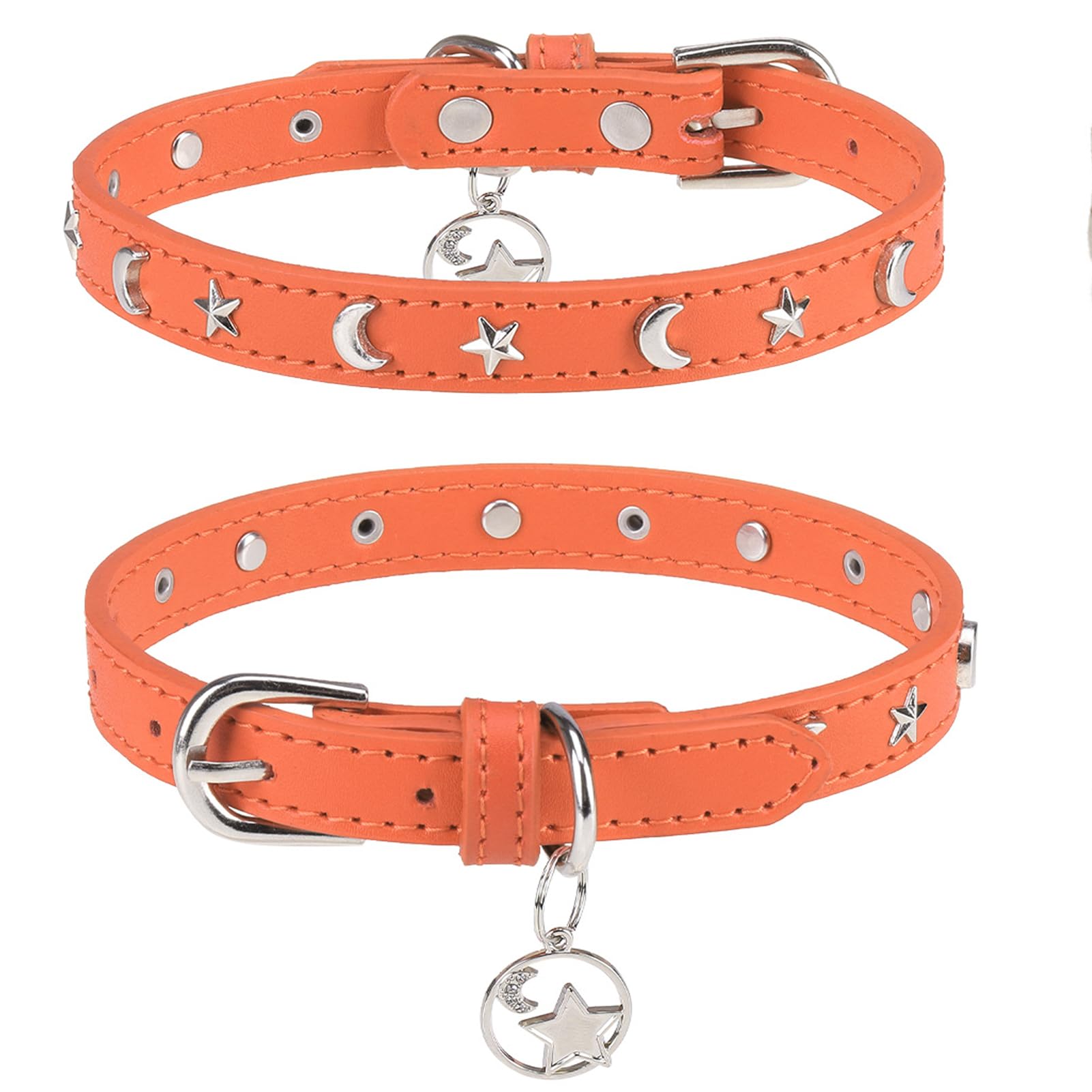 DILLYBUD Leather Dog Collar for Puppy Small Medium Dogs, Adjustable Star Moon Rivet Studded Pet Collars with Rust-Proof Metal Buckle and Charms, XS S