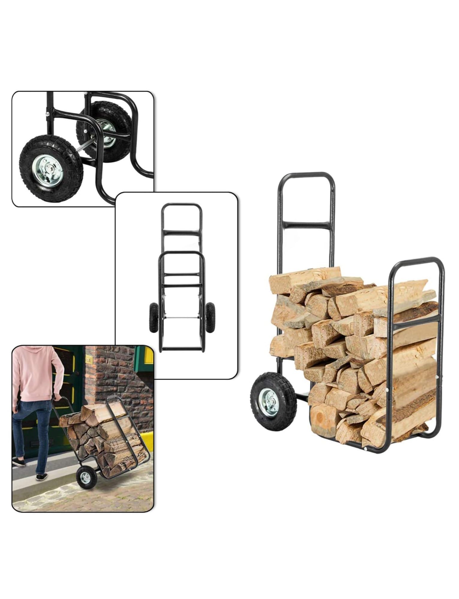 Carrello per legna da ardere con ruote, carrello per legna resistente, ruote in gomma per interni ed esterni, carrello per legna in ferro e supporto per legna da ardere per camino