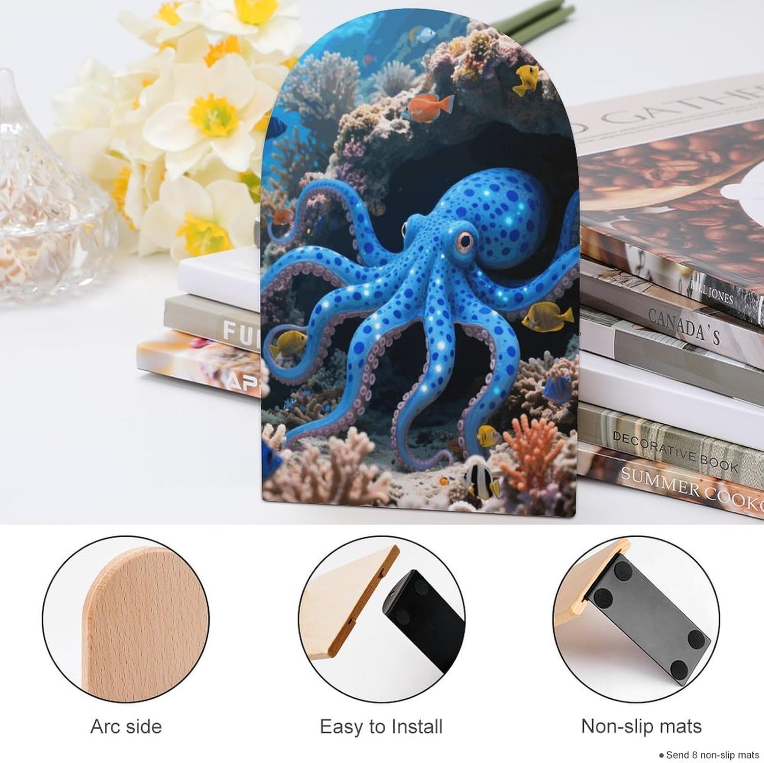 Blue Octopus Heavy Duty Wooden Bookend Non-Slip Book Ends image 4