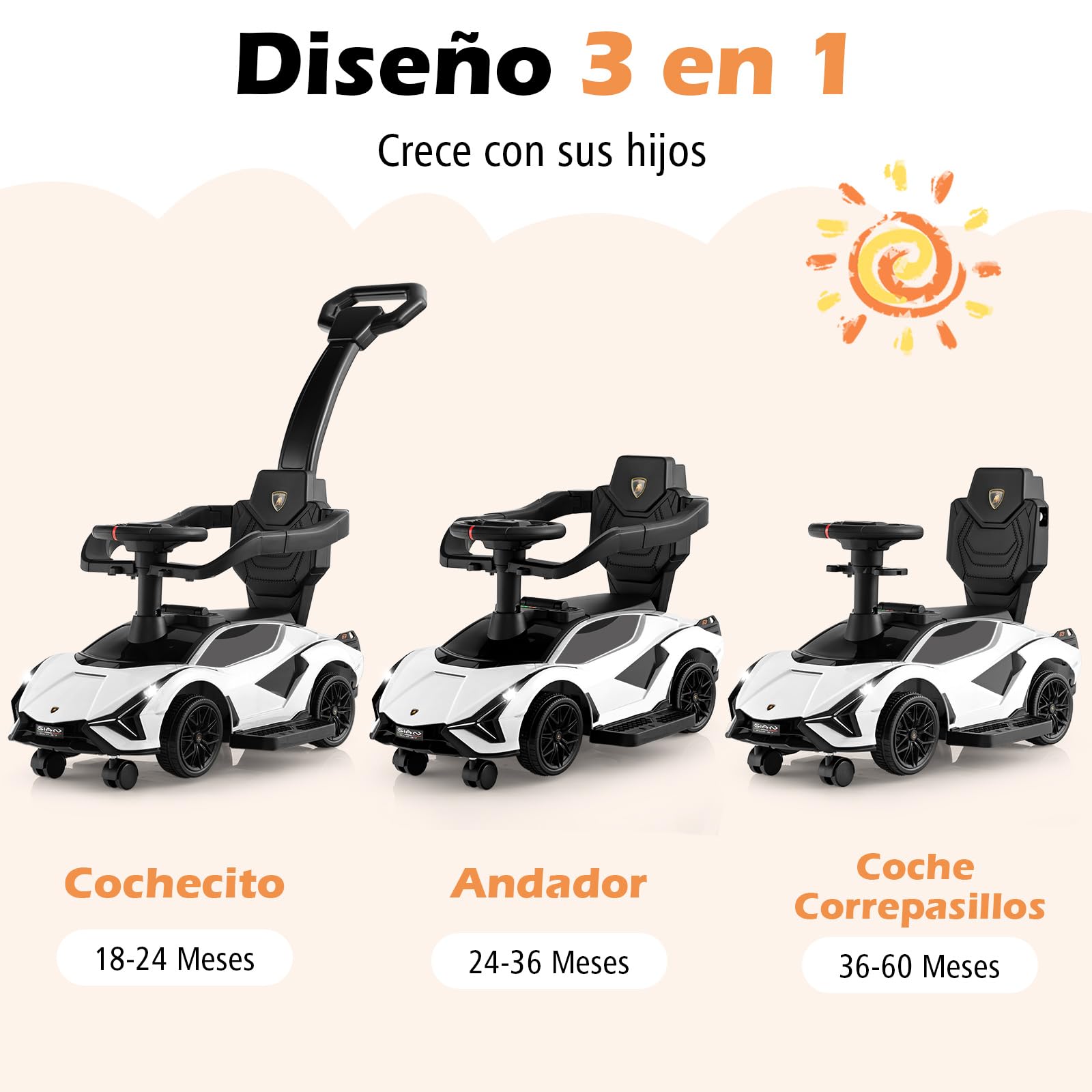 COSTWAY 3 en 1 Coche Correpasillos para Niños, Coche de Empuje Lamborghini, Coche de Paseo para Niños con Barandillas y Manillar Desmontables, Música, Faros y Ruedas Universales Desmontables (Blanco)