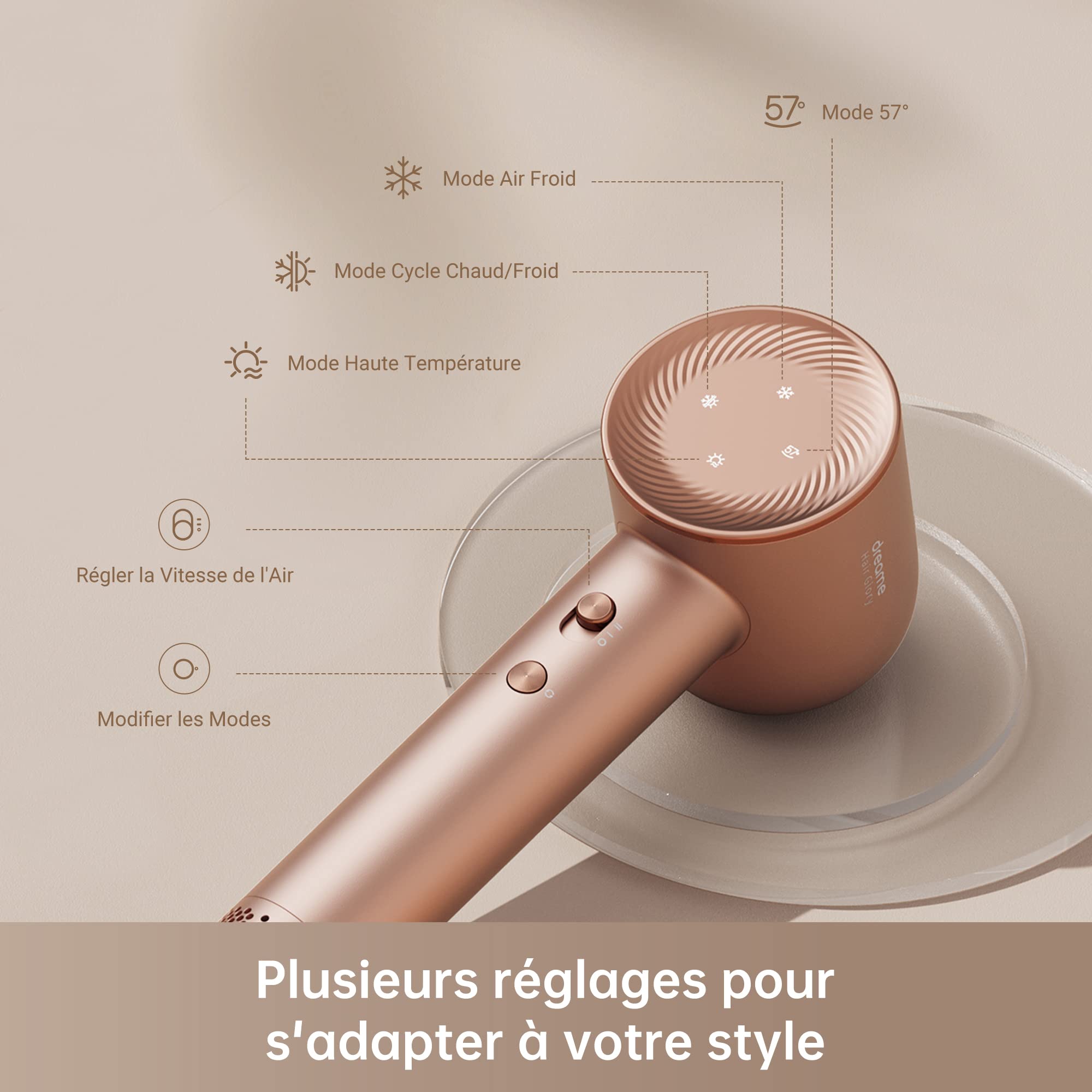 DREAME Hair Glory Sèche-Cheveux Professionnel, Séchage Rapide,Moteur Haute Vitesse 110000 TR/Min,Débit d'air 70 m/s,Technologie Puissante des Ions Négatifs,Léger,Contrôle de la Température, Rose