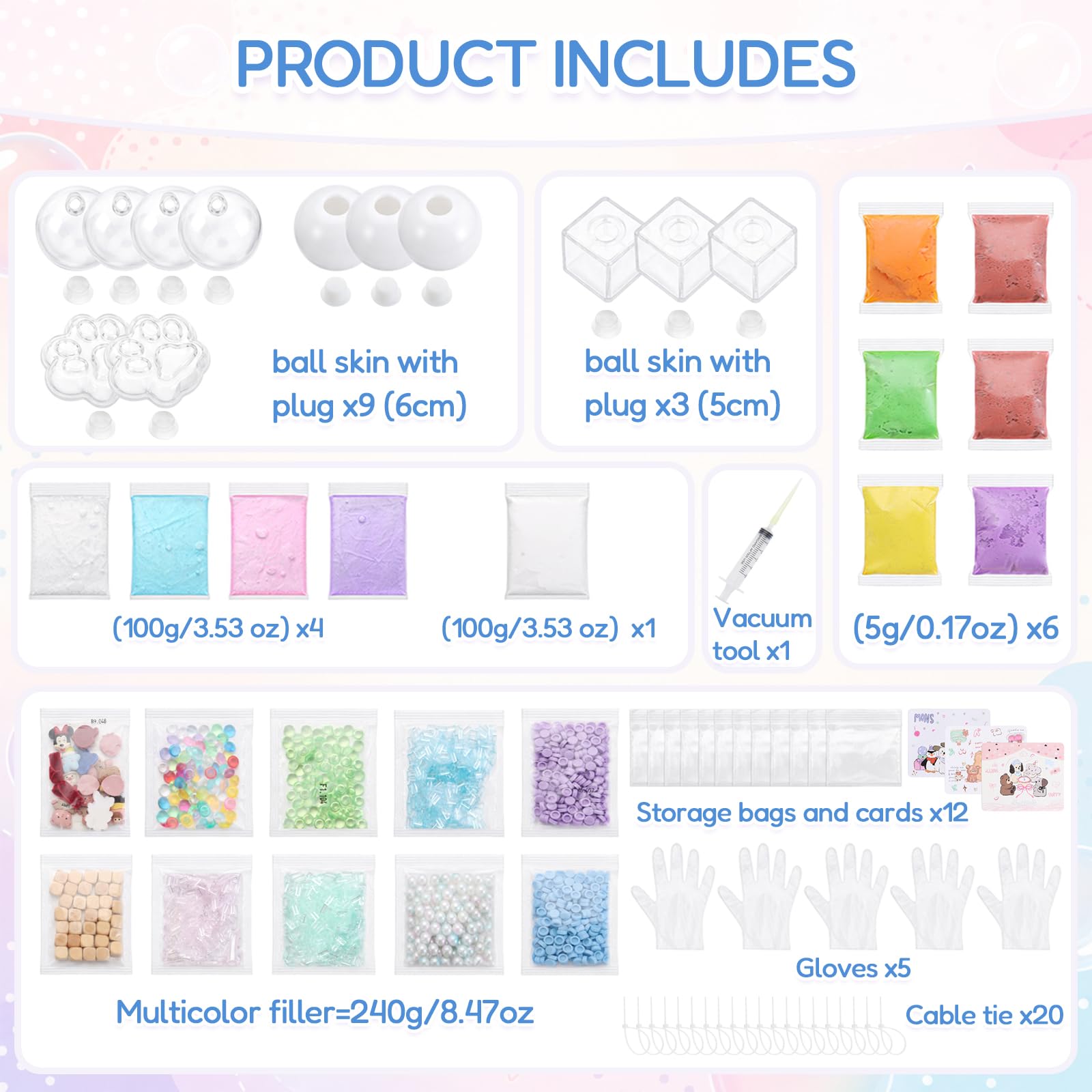 Lomantank ASMR Squishy Maker - Kit fai da te, 12 pelli in TPR in 4 forme, riempitivi assortiti, slime, argilla, strumento sottovuoto e fascette per cavi, per palline antistress fatte a mano, regalo