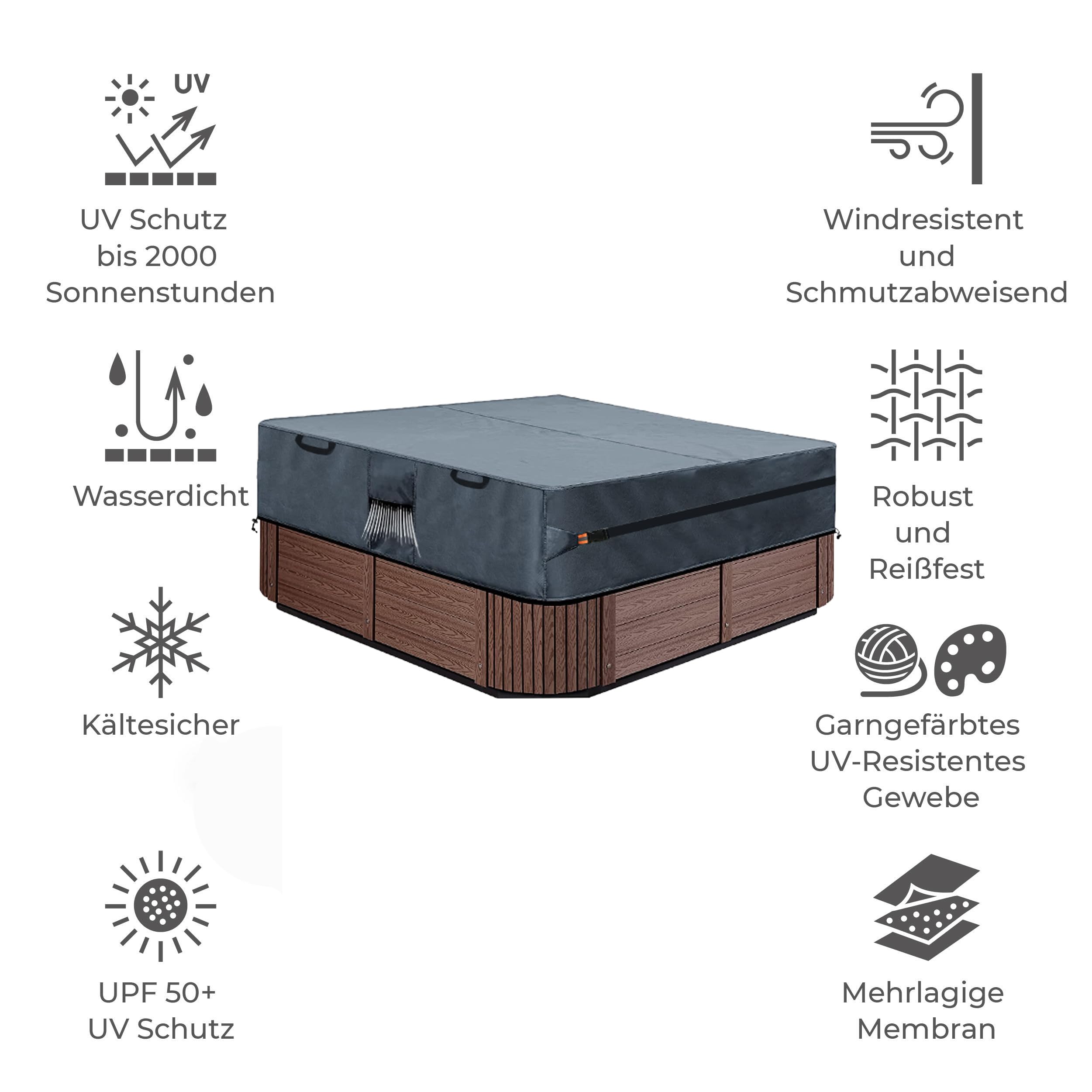 Wysokiej jakości osłona SPA, 220 x 220 x 30 cm, kwadratowa osłona ogrodowa z 600D Oxford Protector-Spa wodoszczelna, pyłoszczelna, odporna na promieniowanie UV, wiatroszczelna, szara.