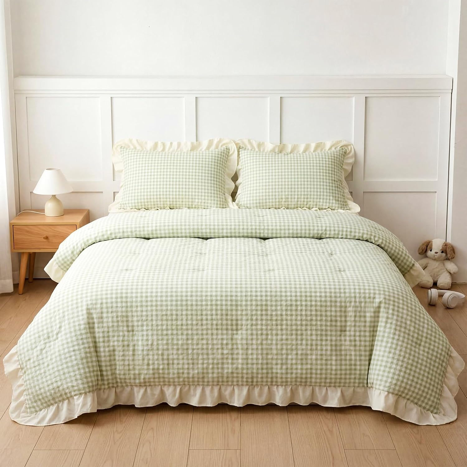 Batiyeer Cream Green Gingham Ruffle Duvet Cover 3 Pcs Queen Size Korean Style Soft Bedding Set Washed Cotton Feel Polyester Hidden Zipper Corner Ties Farmhouse Checker Comforter Cover 90"x90"