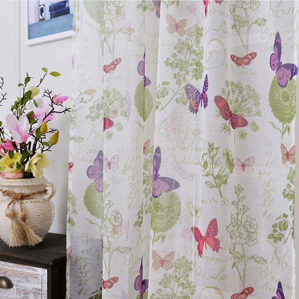 Butterfly Voile Curtain Linen Printed Semi Sheer Eyelet Window Treatment Lovely for Livingroom Bedroom Easy Care,Tulle,W170xL140cm