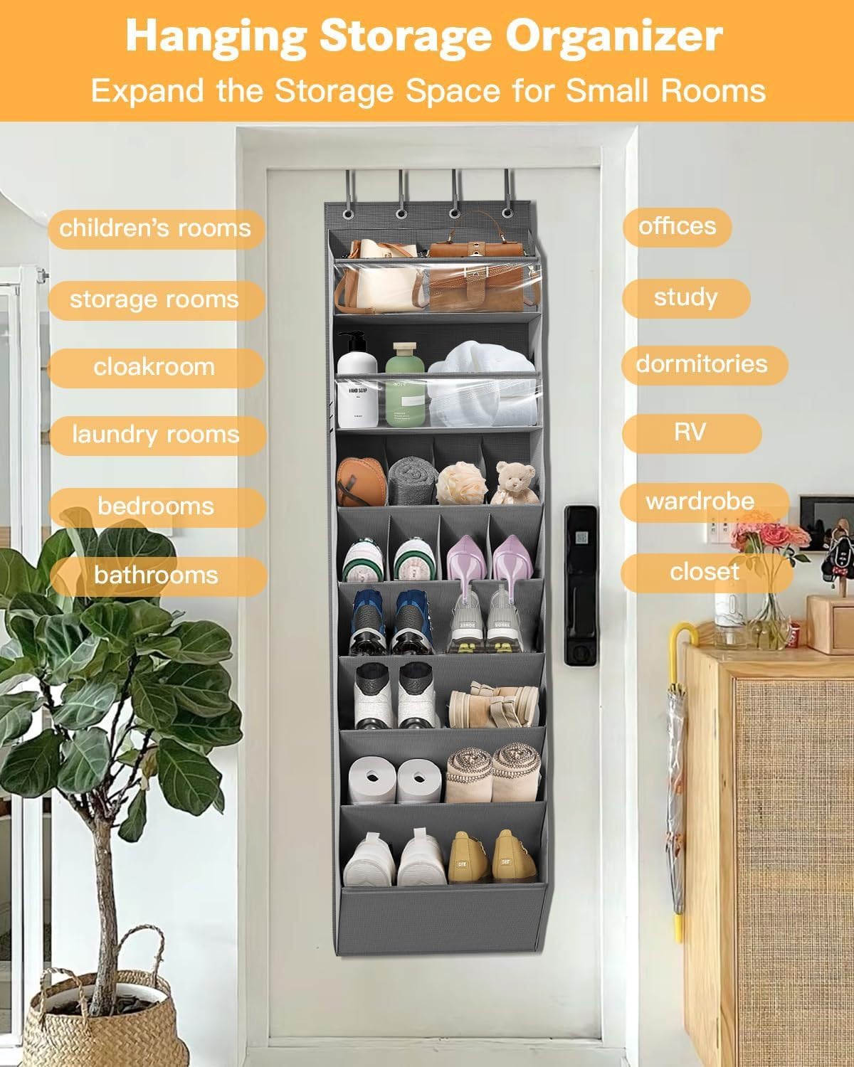 Zapatero para colgar sobre la puerta con 8 estantes para botas, solución de almacenamiento estrecha para el hogar y el apartamento, bolsillos profundos para artículos esenciales diarios, color gris