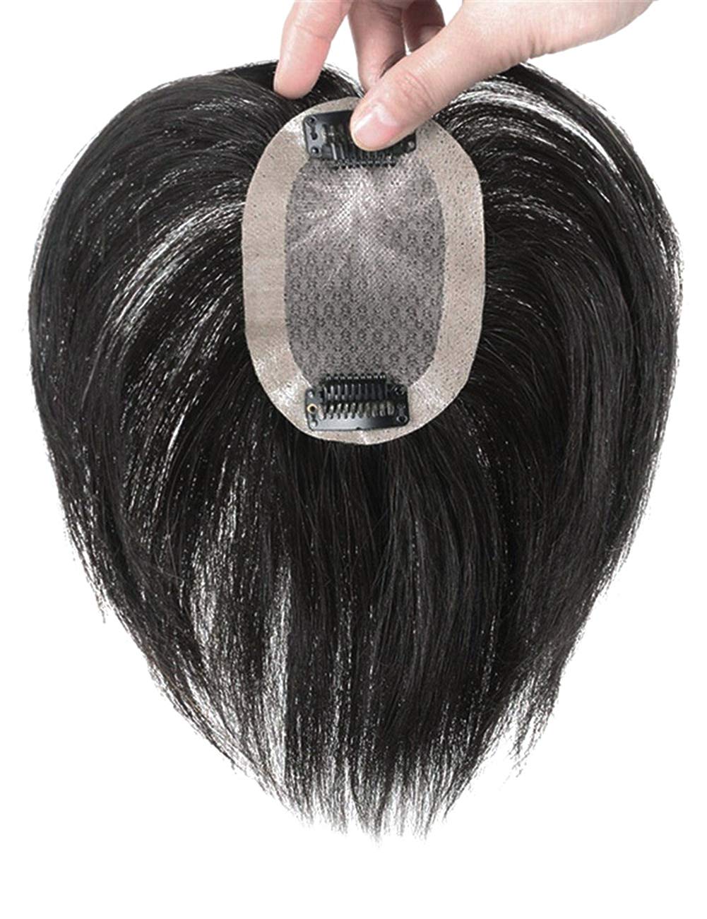 Real Human Hair Full Hand Made Lace Topper Straight Clip in Forehead Hairpiece for Women with Thinning Hair 7x10cm/18cm, Dark Black