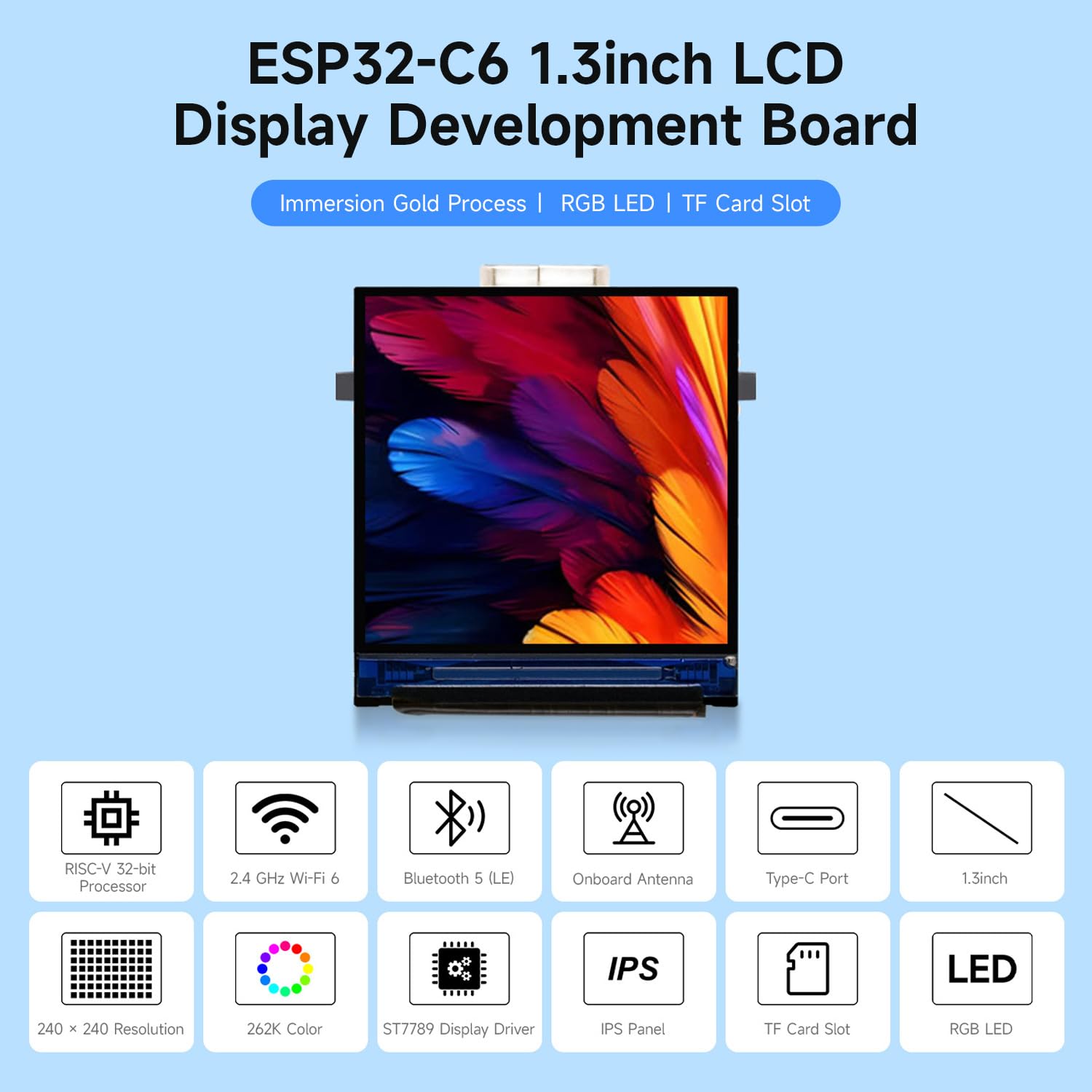 Waveshare ESP32-C6 1.3inch LCD Display Development Board with Header, 240x240 Pixels, 262K Color, Supports Wi-Fi 6 And BLE 5