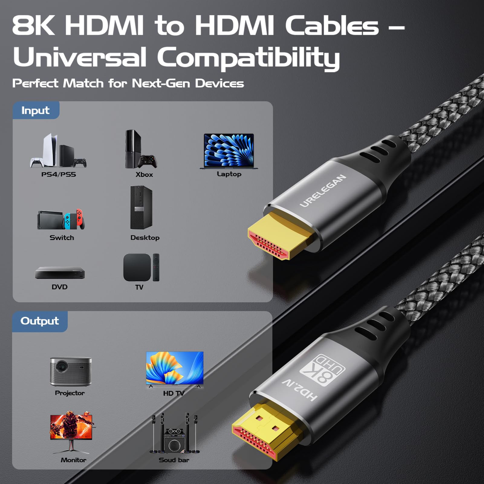 Cable HDMI 10K 8K de 10 pies, cable HDMI 2.1 de alta velocidad 48 Gbps, /4K a 144 Hz/120 Hz/240 Hz/8 K a 60 Hz a 240 Hz con eARC/ARC, HDCP2.3/2.2, 3D HDR10+ para PC, HDTV, monitor, proyector