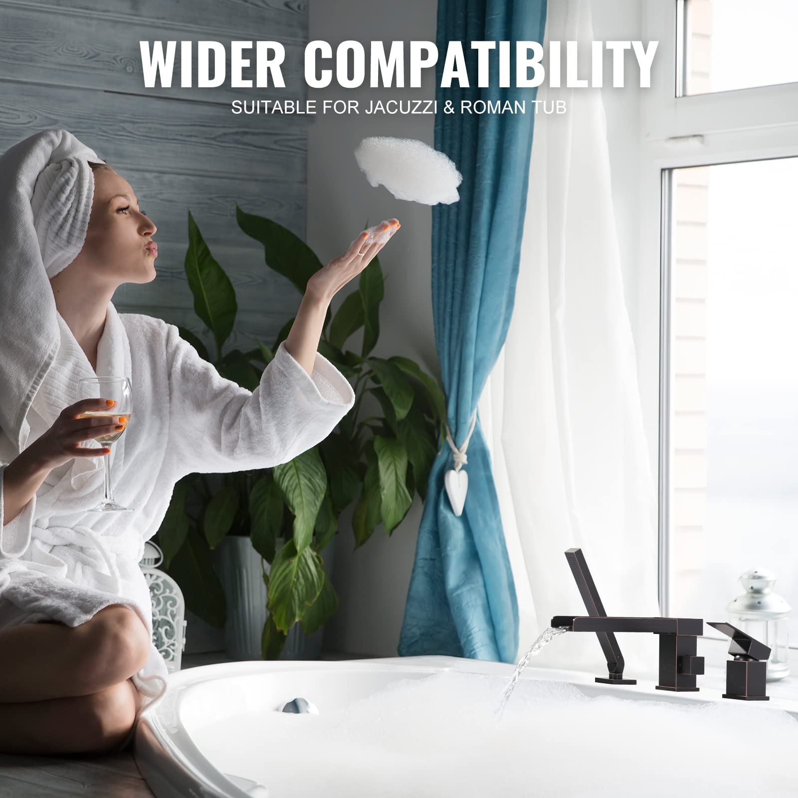 ALEASHA Modern Roman Tub Faucets, Garden Deck Mount Waterfall Bathroom Oil-Rubbed Bronze Bathtub Faucet with Sprayer