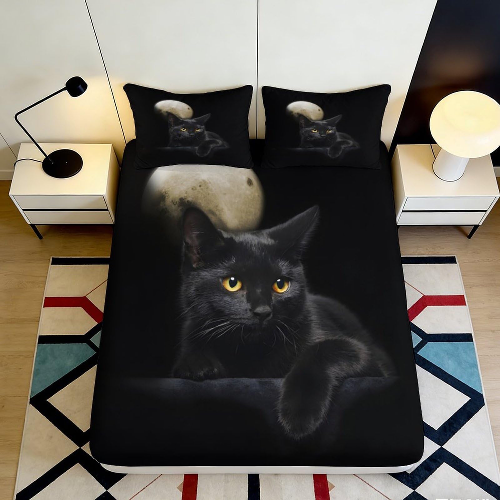 3D Printed Black Cat Fitted Sheet Microfiber Soft Bedroom Moon Bed Cover for Adult Teen Dorm Mattress Protection Decor 90x200x25cm