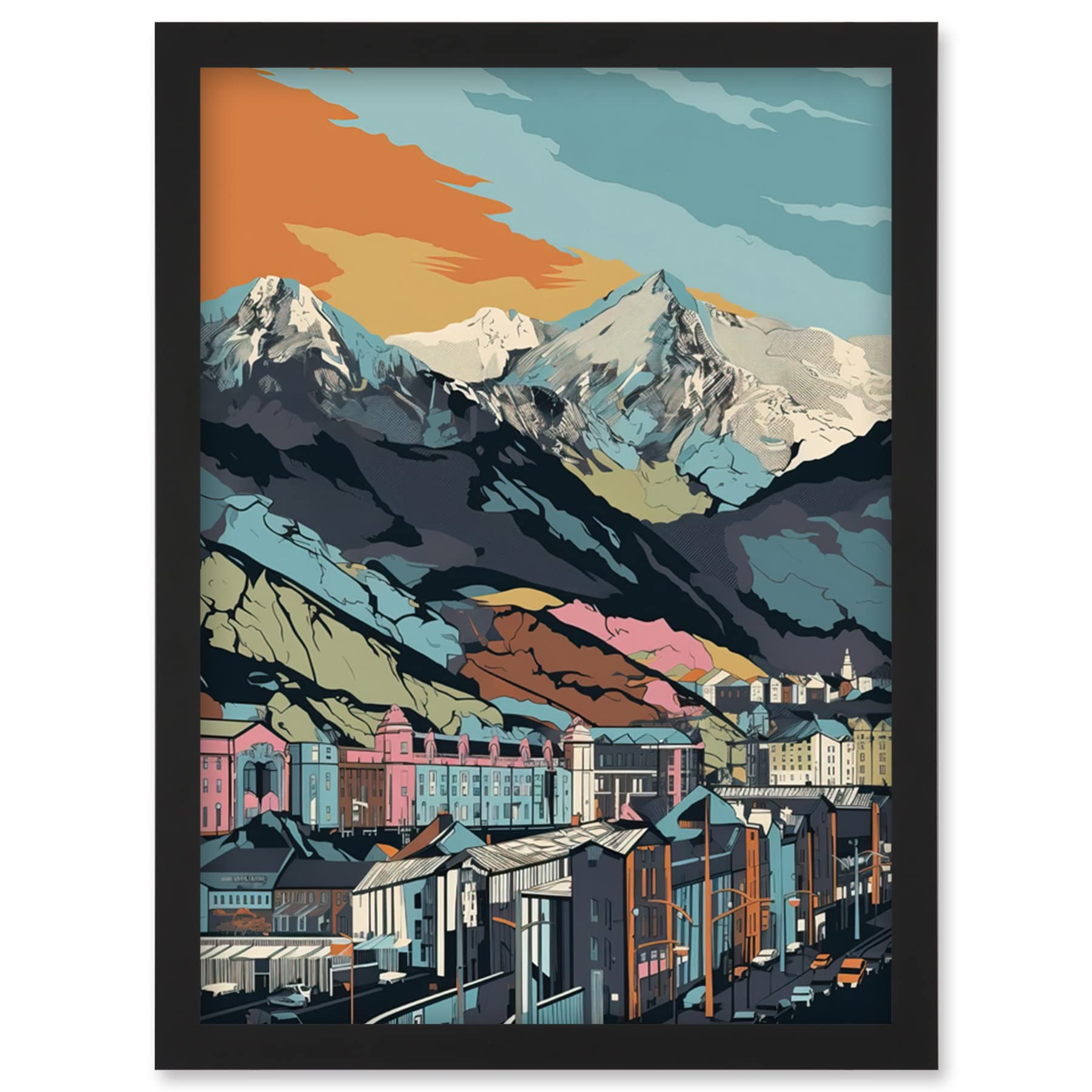 Artery8 Cityscape Under Rocky Mountain Range Modern Artwork Framed Wall Art Print A4