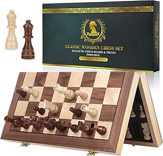Magnetic Chess Board Set for Adults & Kids, 15" Wooden Folding Chess Boards, Handcrafted Portable Travel Chess Game for Beginner Tournament with Pieces Storage Slots & 2 Extra Queens