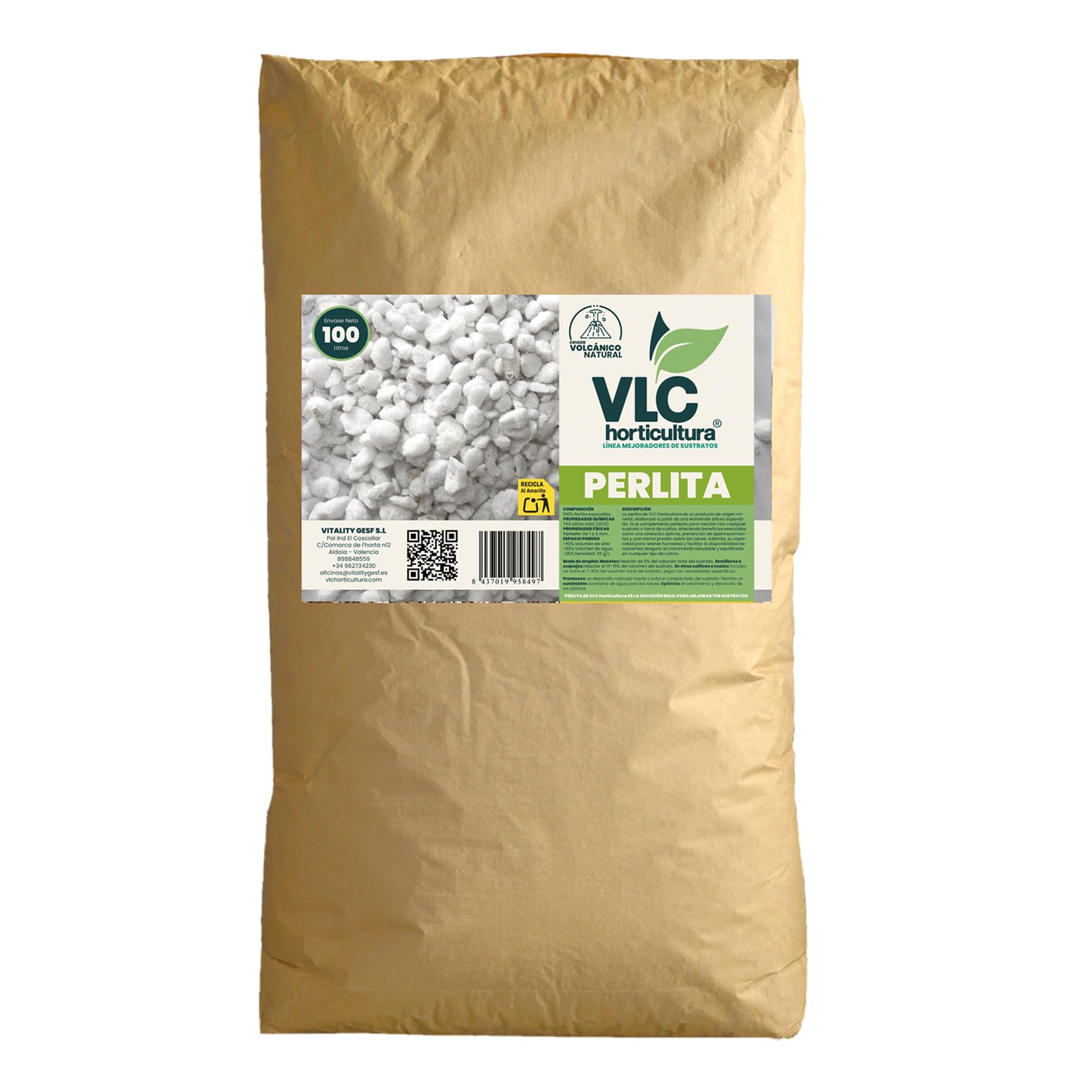 Perlita Expandida Volcánica 100% Natural - Aditivo para Sustratos y Suelos de Cultivo - Mejora la Retención de Agua y Aireación - Envase de 100 litros