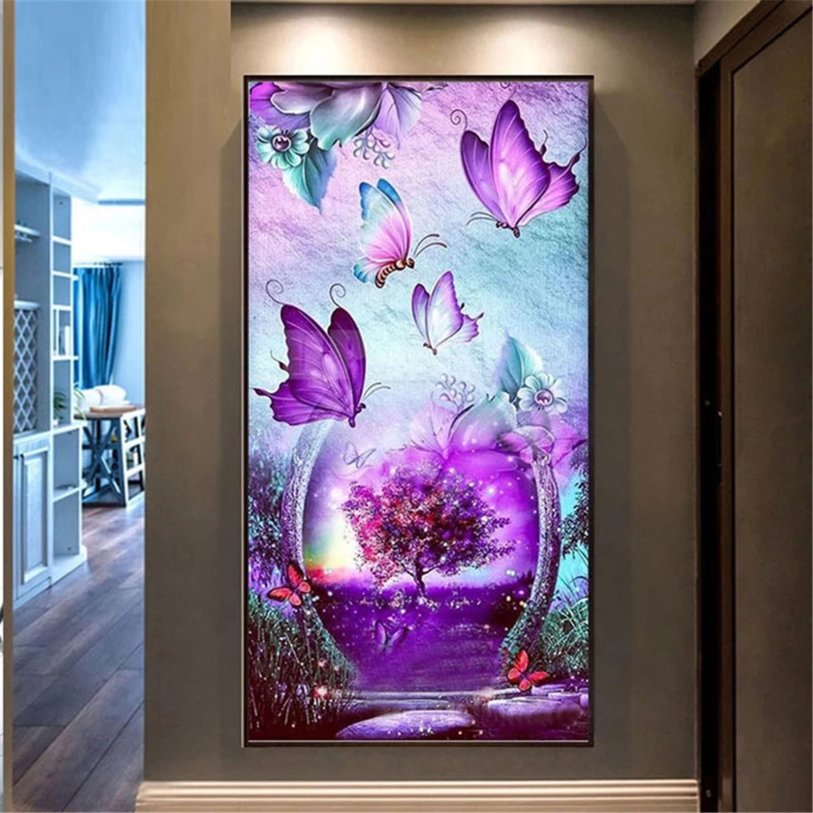 Diamond Painting Papillon Fleurs Violettes Broderie 5D Strass Ronds pour Chambre