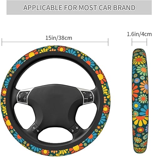 Miniatura 4 de Funda universal para volante de automóvil de flores hippie de 15 pulgadas, transpirable, antideslizante, accesorios de automóvil para la mayoría de